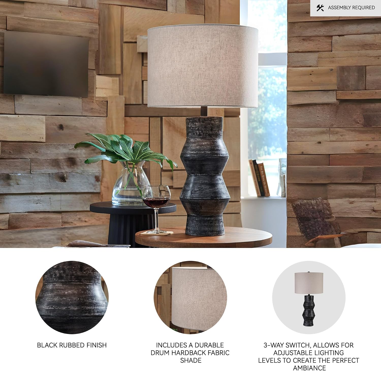 Signature Design by Ashley Kerbert Terracotta Table Lamp, Distressed Black | Heavy solid terracotta base, Fabric drum shade, 3-way rotary switch, Extra tall 30 in height, Vintage organic modern style