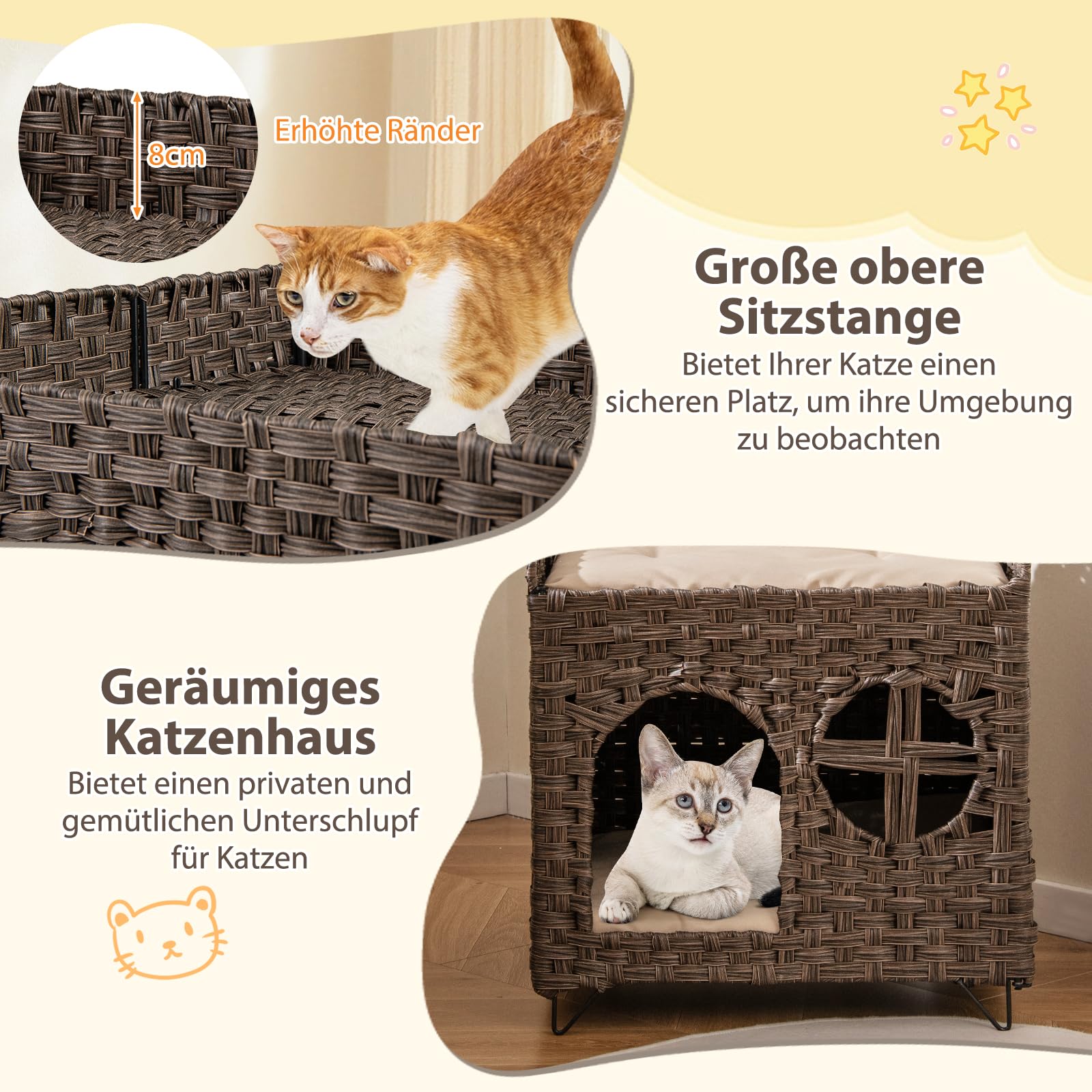 GYMAX Rattan Katzenhaus, faltbares Katzenbetten mit 2 Ebenen, 2 abnehmbaren gepolsterten Kissen, große Plattform mit erhöhten Kanten & Metallbeine, Indoor Katzenmöbel für Katzen, 50,5 x 45 x 50 cm