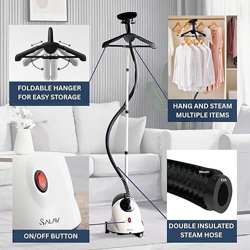 Miniatura 3 de SALAV GS18 Full-Size Clothes Steamer - 1500W Power, 1.8L Water Tank, 60-Min Garment Steam, Iron Clothing, Adjustable Pole & Wheels for Easy Storage