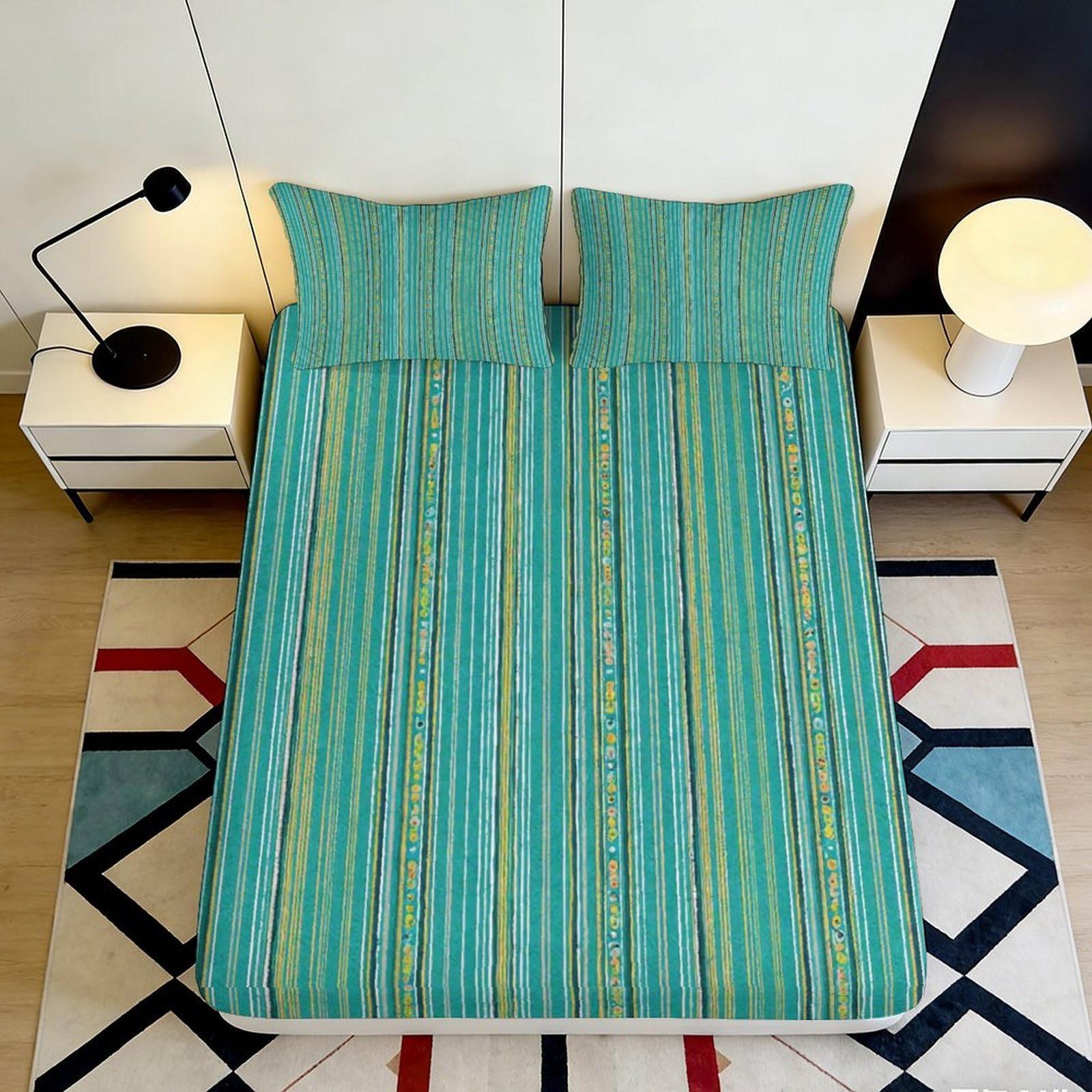 3D Printed Turquoise Striped Fitted Sheet Microfiber Soft Washable Modern Geometric Mattress Cover Bedroom Decor 90x200x25cm