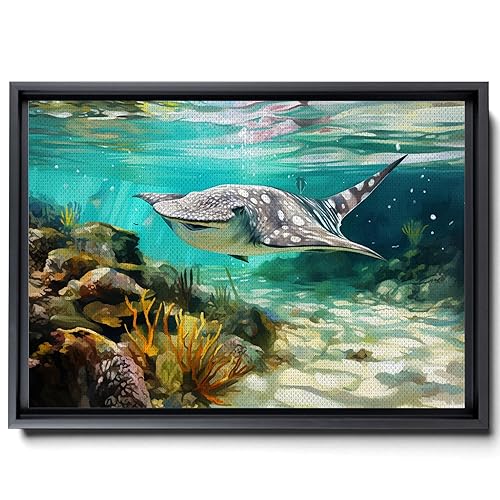 Nautical Print on Canvas for Wall Decor, Ocean Fish Manta Ray Canvas Wall Art, Beach Print for Wall Hang, Turquoise Coastal Pictures Wall Decor,