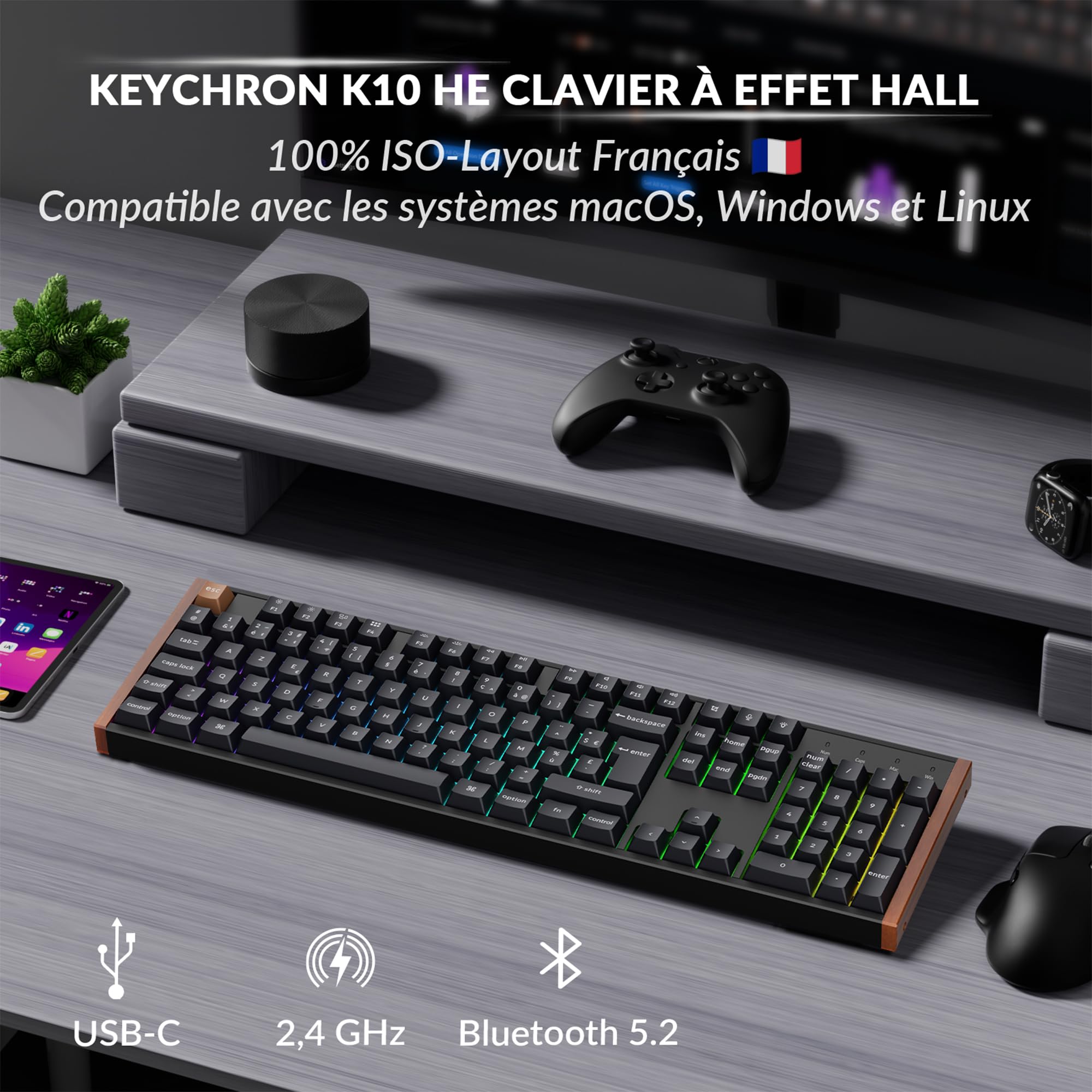 Keychron K10 HE Clavier AZERTY Magnétique sans Fil, 100% ISO-FR Layout, Point d’Activation Réglable, RGB, Touches PBT à Profil Cherry Sublimées, pour Mac/Windows/Linux, Cadre Latéral en Bois, Noir
