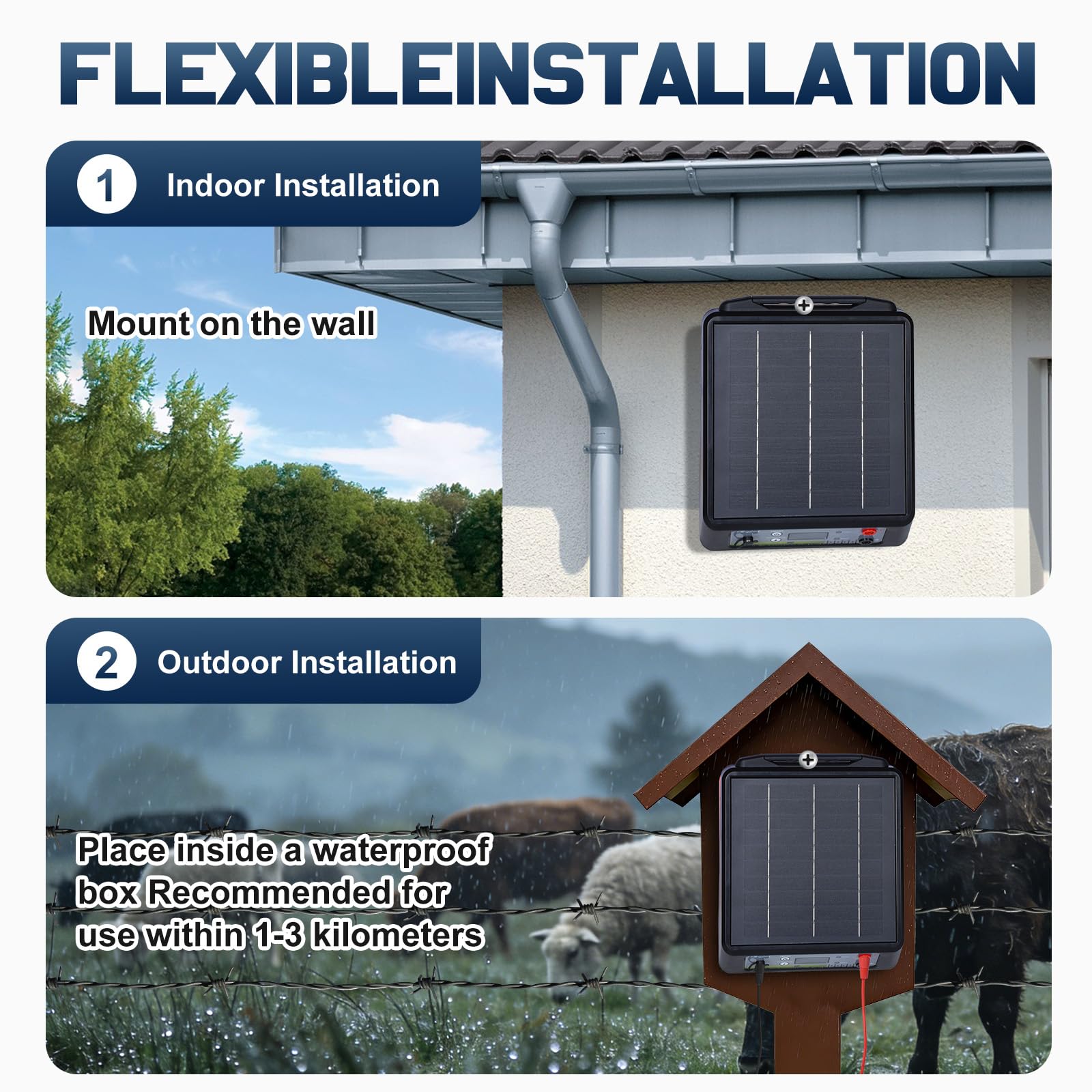 32KM Recinzione elettrica con batteria, 6-12 kV Pastore elettrico Controller per cavalli, 2 J Recinzione elettrica per allevamento di animali da pastore, per fattoria, pascolo, giardino (nero)
