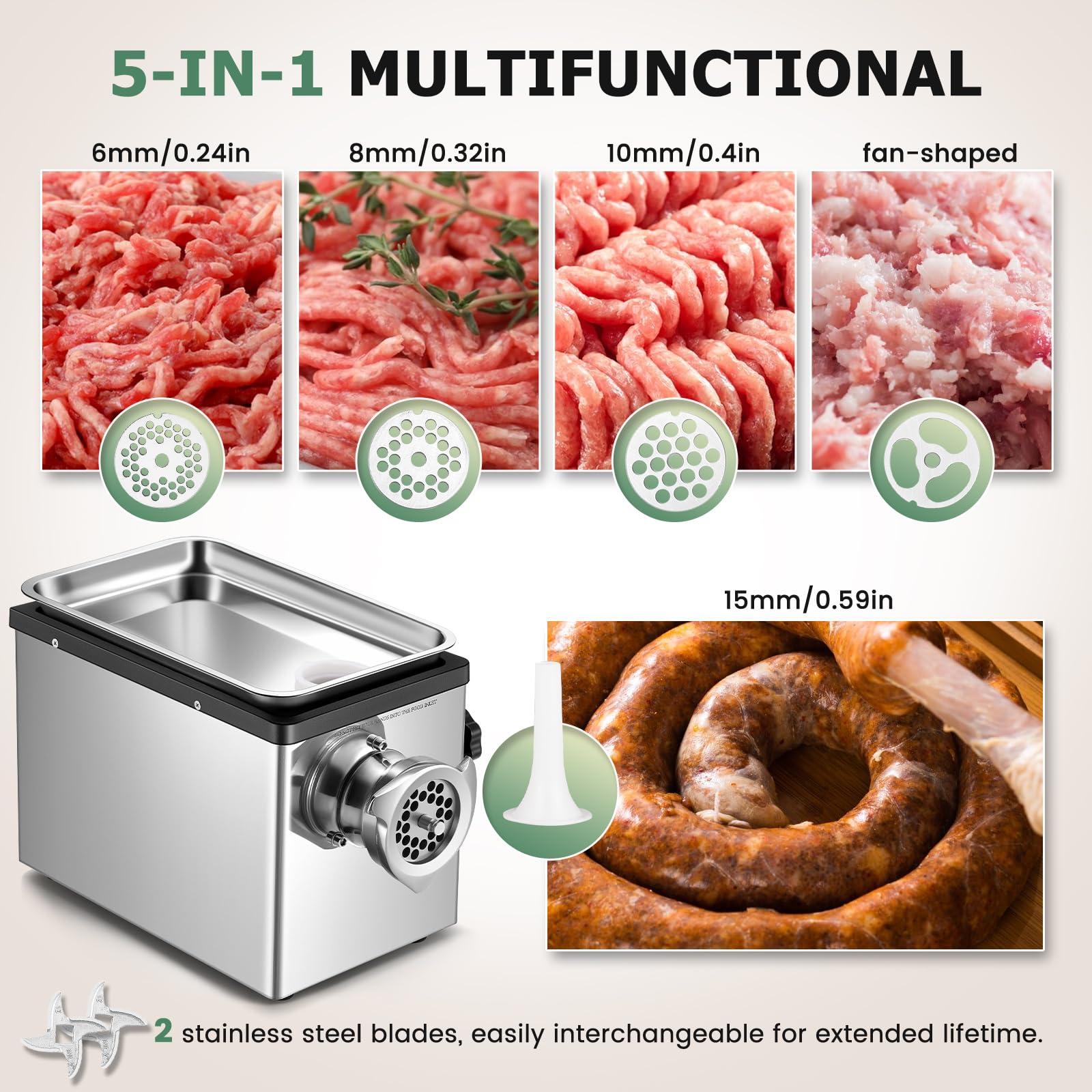 Huanyu Fleischwolf Elektrisch 1100 watt Gewerbe Fleischwolf mit Wurstfüller Elektrische Hackfleisch Maschine mit 2 Schneidmessern und 4 Schneidplatten