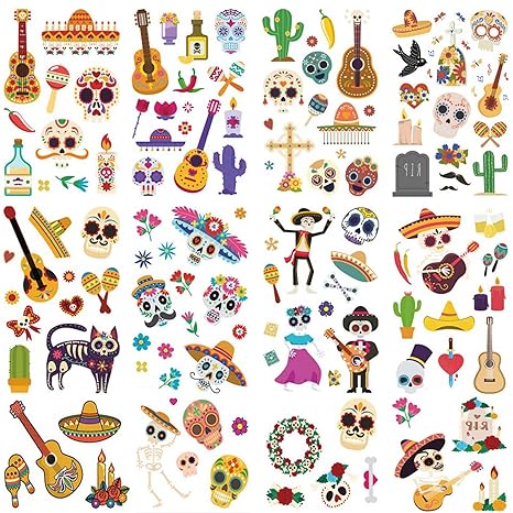Day of The Dead Dia De Los Muertos Temporary Tattoos, 10 Sheet Halloween Festival Mexican Sugar Skull Carnival Themed Tattoo for Adult Kids Party Favors Supplies Decoration Q937