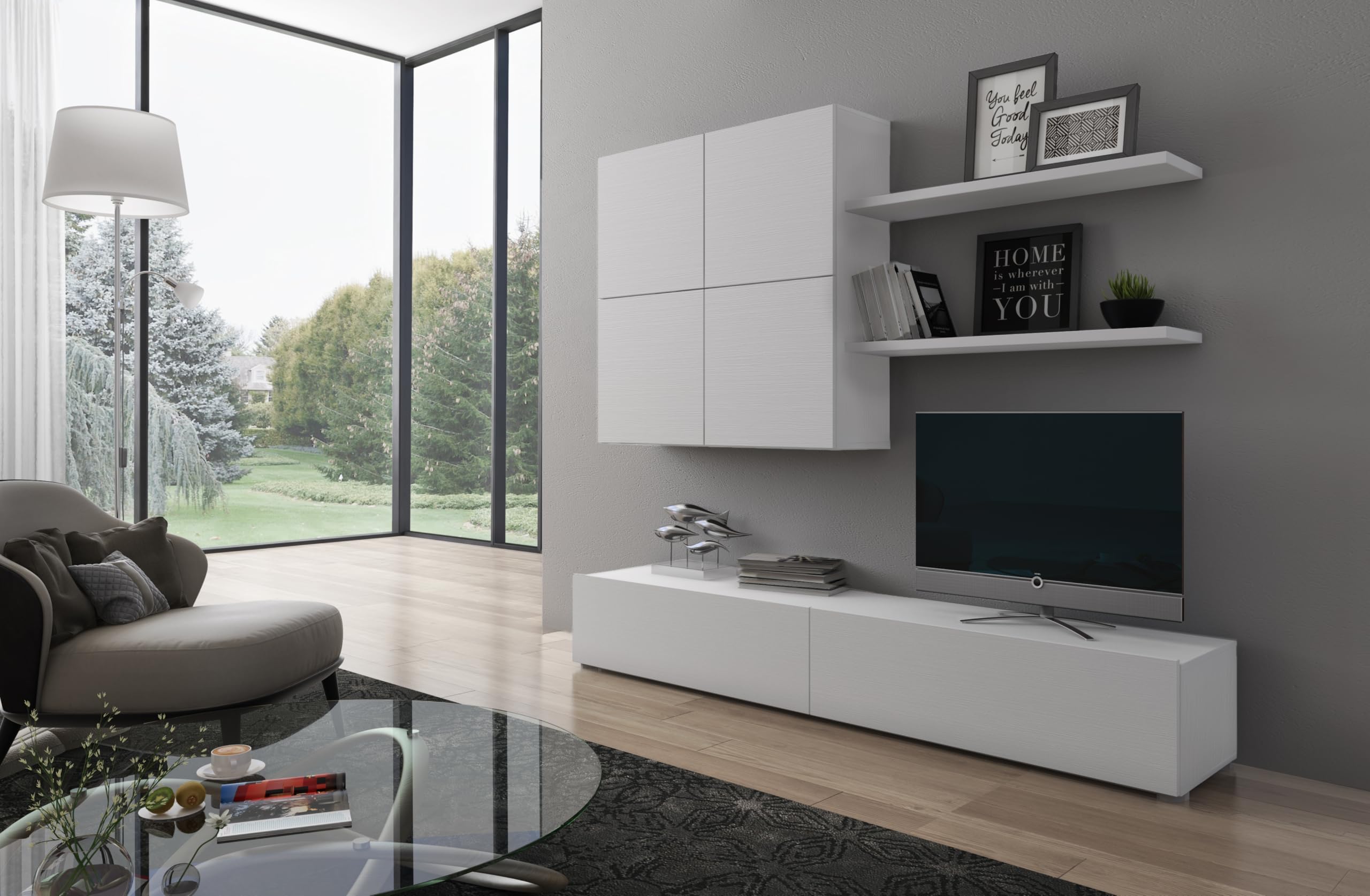 Arreditaly Parete Attrezzata Mobile Soggiorno Moderno Con Base TV 2 Ante Pensile 4 Ante e 2 Mensole Design Contemporaneo in Melaminico Facile da Pulire Bianco