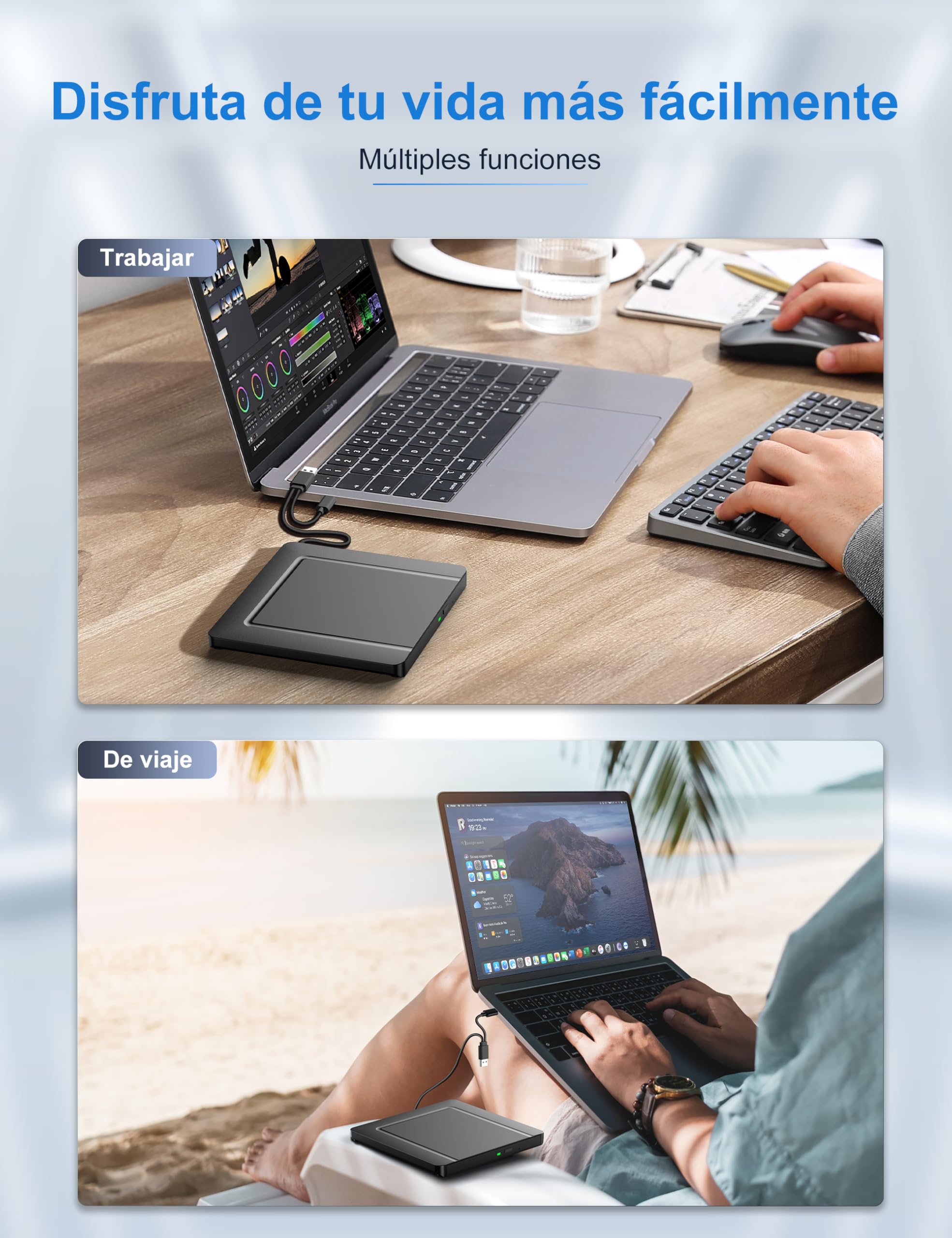 Lettore DVD CD Esterno per PC Portatile, Supersottile Masterizzatore CD/DVD +/-RW Drive CD ROM Unità DVD Esterne per Windows 11/10/8.1/7/XP/Vista/Linux/MacOS/Linux/Laptop/Desktop