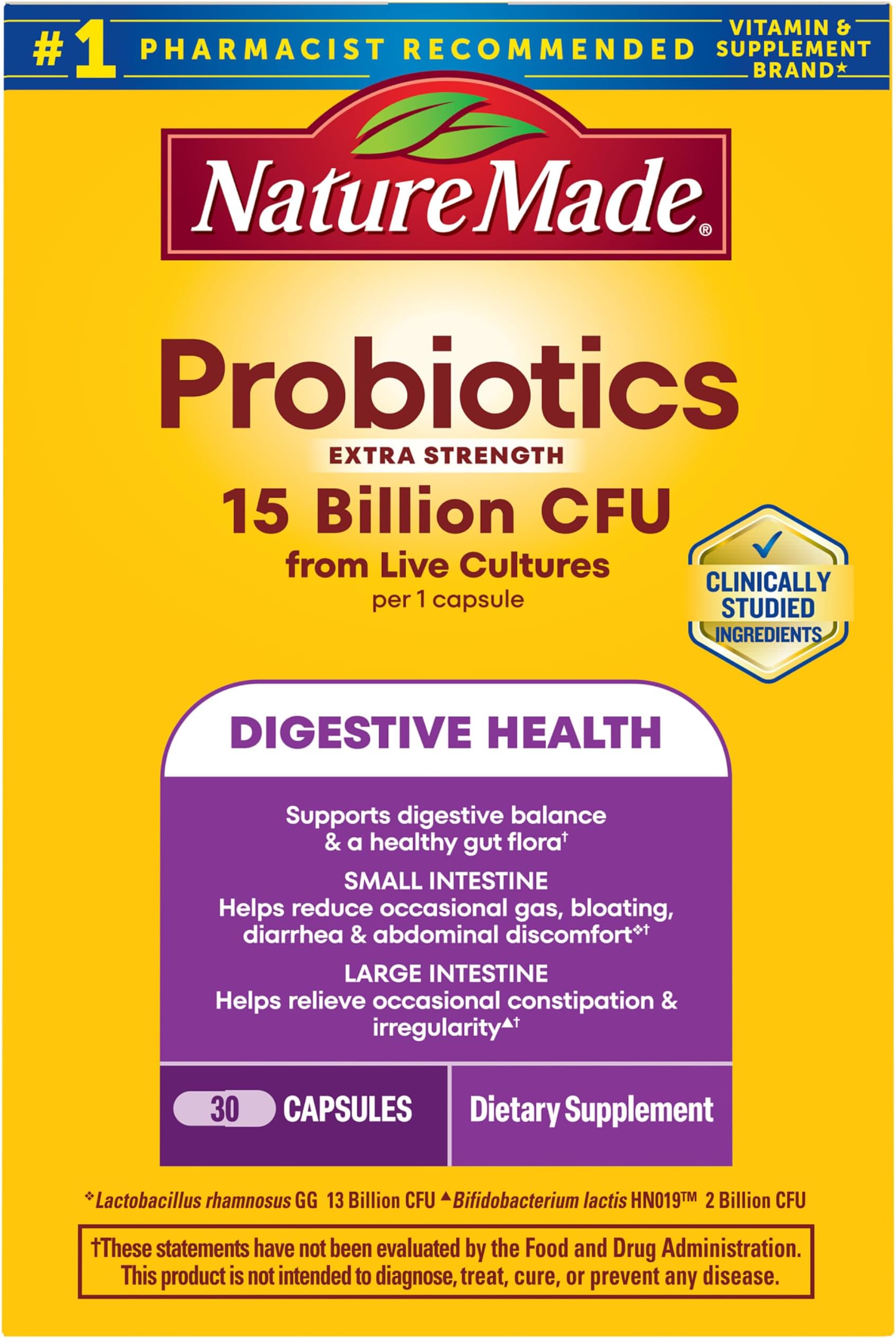 Probiotics for Digestive Health Extra Strength 15 Billion CFU from Live Cultures, Probiotics for Women and Men, 30 Probiotic Capsules, 30 Day Supply