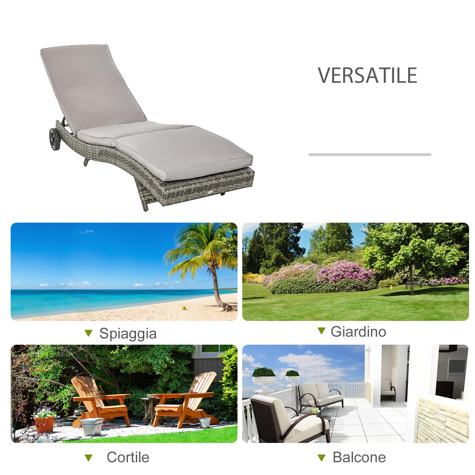 Outsunny Sdraio da Giardino in Rattan PE Lettino 207x70x70cm Grigio