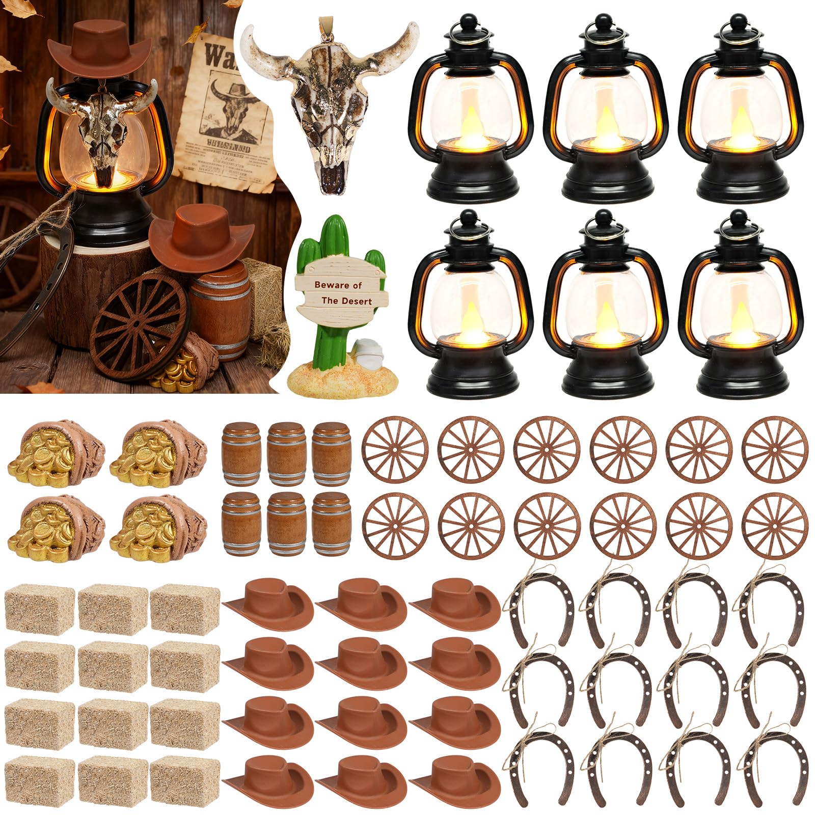 Exasinine Set di 60 decorazioni per feste a tema cowboy, mini cappello da cowboy, lanterna, ferro di cavallo, ruota di carro, balle di fieno, botti di vino, rustico, occidentale, decorazione per feste
