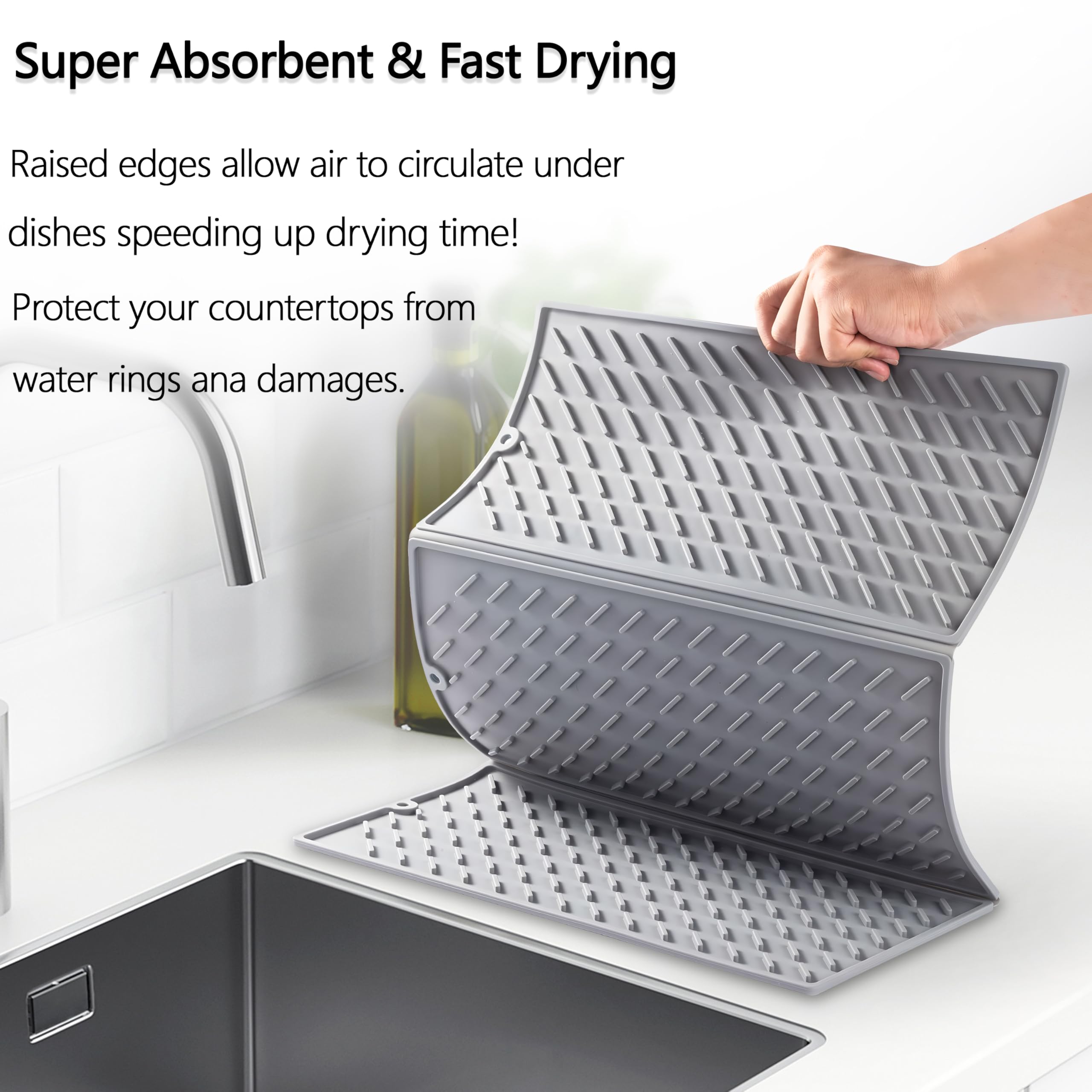 Tapete de secado de platos de silicona, tapete escurridor plegable de tres pliegues, almohadilla de secado con gancho para cepillo de taza, sin BPA, calor duradero, tapete de secado de platos de 24 x