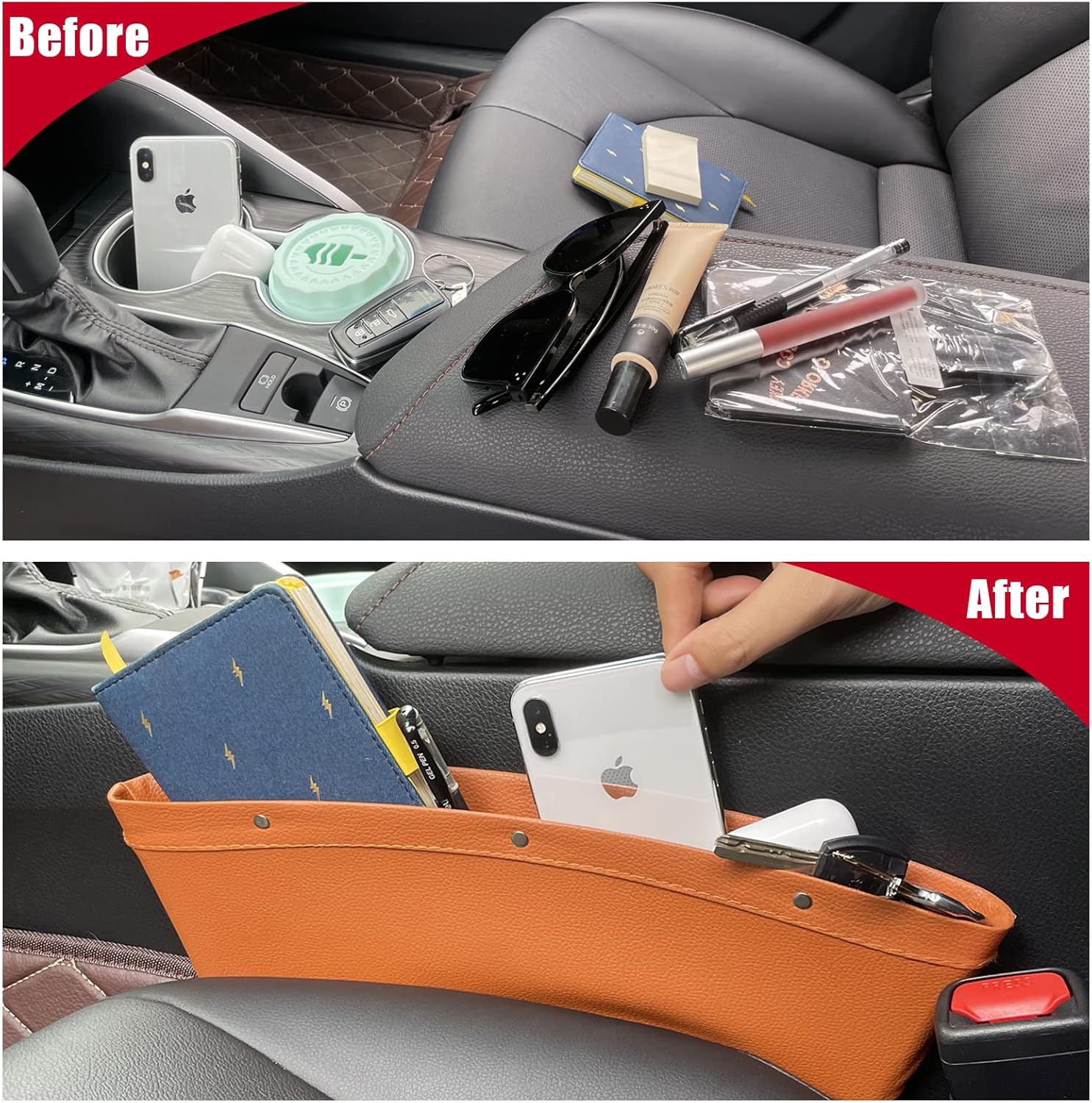 2PCS Car Seat Gap Filler, Multifunctional Adjustable Storage Pockets, Universal Leather Front Car Seat Crevice Storage Organizer, Car Seat Storage Accessories, Holds Keys, Coins, Cards, Pens (brown) : Automotive