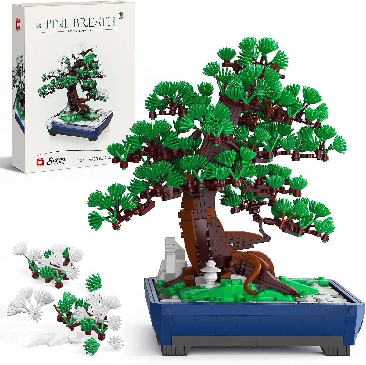 Wise Block Bonsai Tree Building Blocks Set for Adults, 950 PCS | Pine Bonsai Kit with Interchangeable Snow and Green Foliage, Botanical Collection Artificial Plant, Decor for Home Office