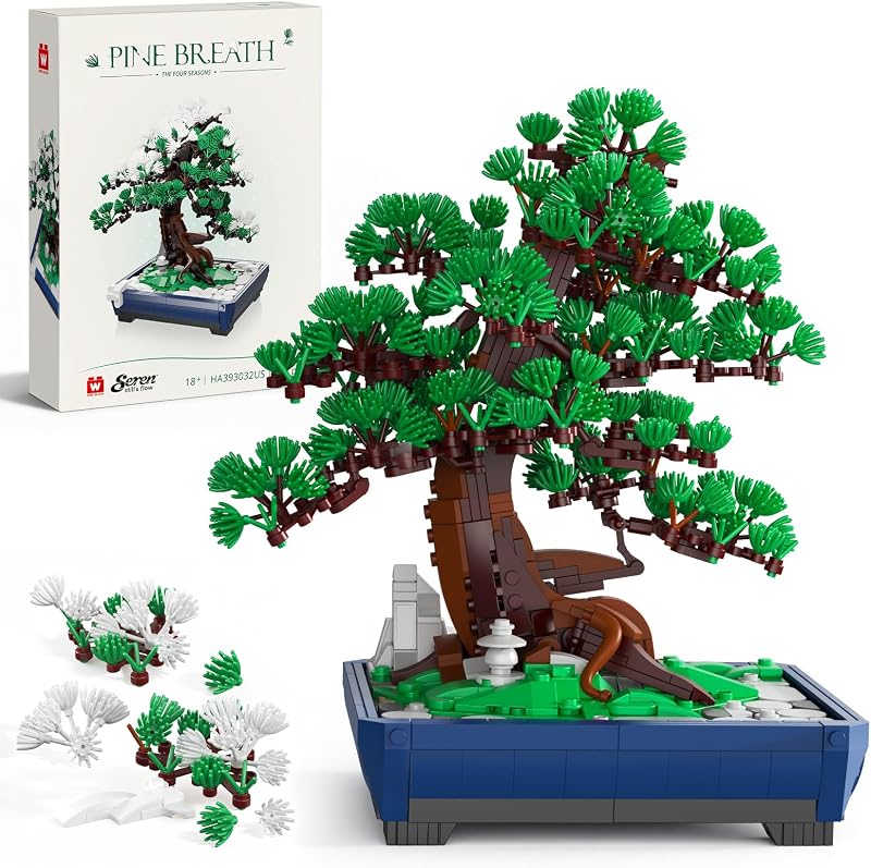 Wise Block Bonsai Tree Building Blocks Set for Adults, 950 PCS | Pine Bonsai Kit with Interchangeable Snow and Green Foliage, Botanical Collection Artificial Plant, Decor for Home Office