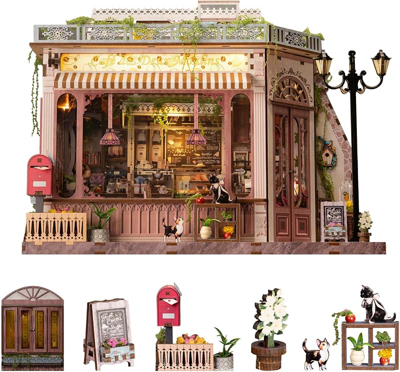 Book Nook Kit - Kit de casa de muñecas Diorama en miniatura para bricolaje, decoración de estantería de cafetería pequeña Booknook, rompecabezas de madera 3D para adultos, regalo artesanal para pasatiempos (Café des Deux Moulins)