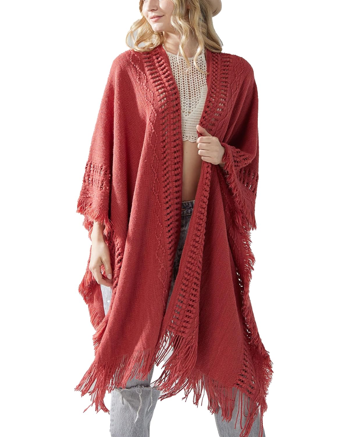 noflik Womens Boho Open Front Fringe Poncho Shawl Sweater Cardigan Long
