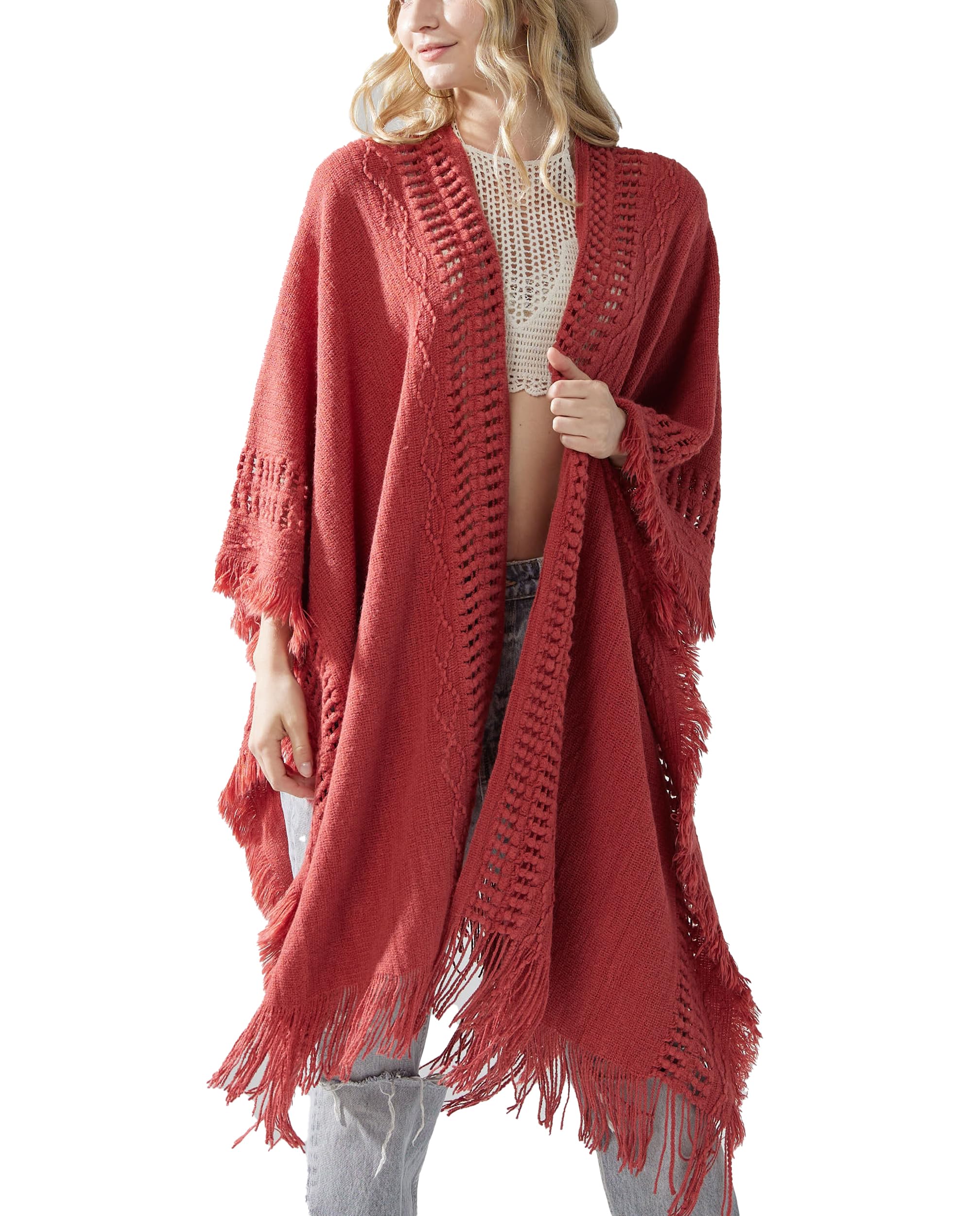 noflik Womens Boho Open Front Fringe Poncho Shawl Sweater Cardigan Long