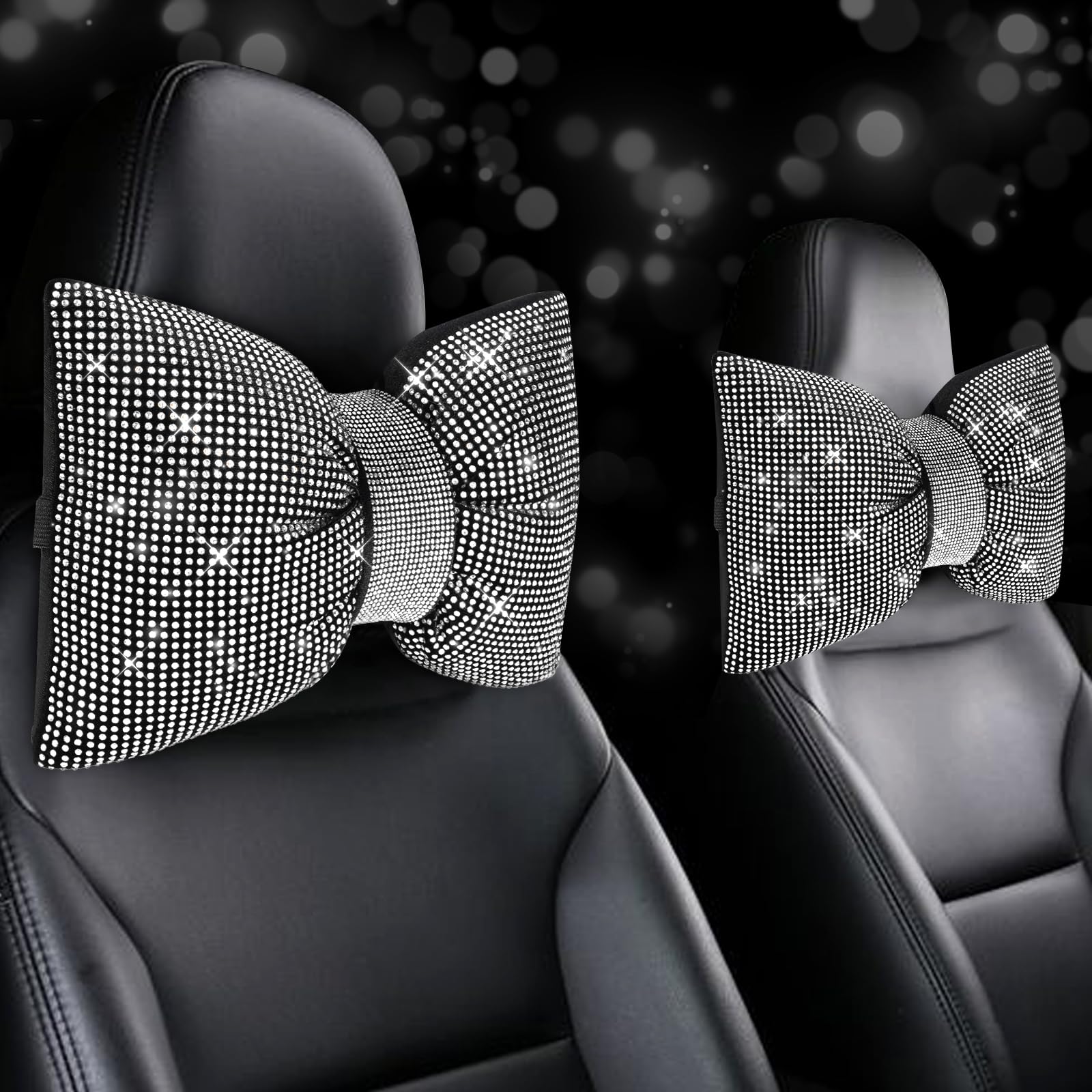 2 PCS Bling Car Pillows Rhinestones Bowknot Bling Car Headrest Pillow Car Neck Pillow for Driver Cool Relax