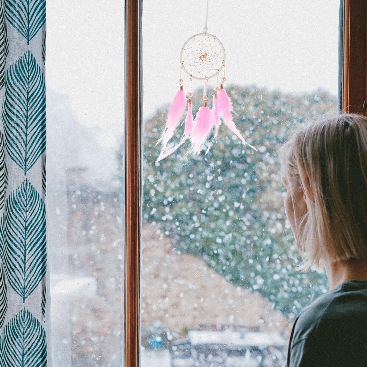 Dream Catcher Rearview Mirror Hanging Decor with Pink Plume Pendant, Boho Car Interior Ornament for Home and Birthday
