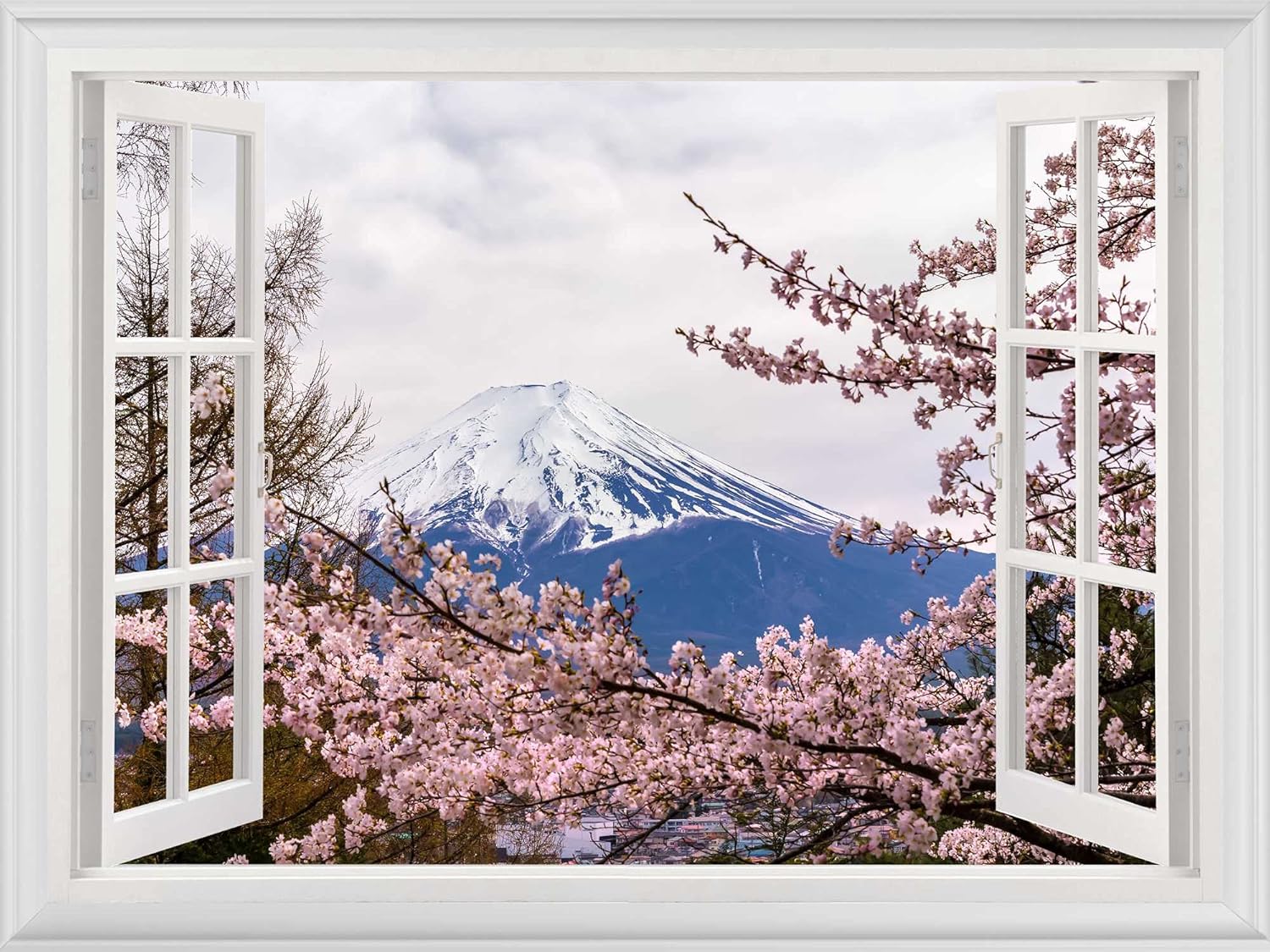 Mountain Decals, Cherry Blossom Stickers Flowers Landscape Adhesive Mountain Wall Decal for Bedroom Living Room Kitchen Dining Room 36” x 48”, Nature Wall Stickers for Wall Window Wall Decal