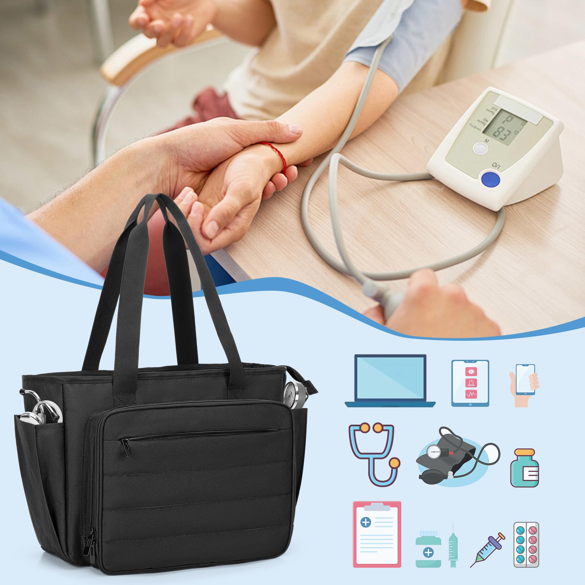 CURMIO Sac de Travail pour Infirmière, Sac Médical Portable avec Pochette Accordéon et Housse pour Ordinateur Portable 15,6", Noir