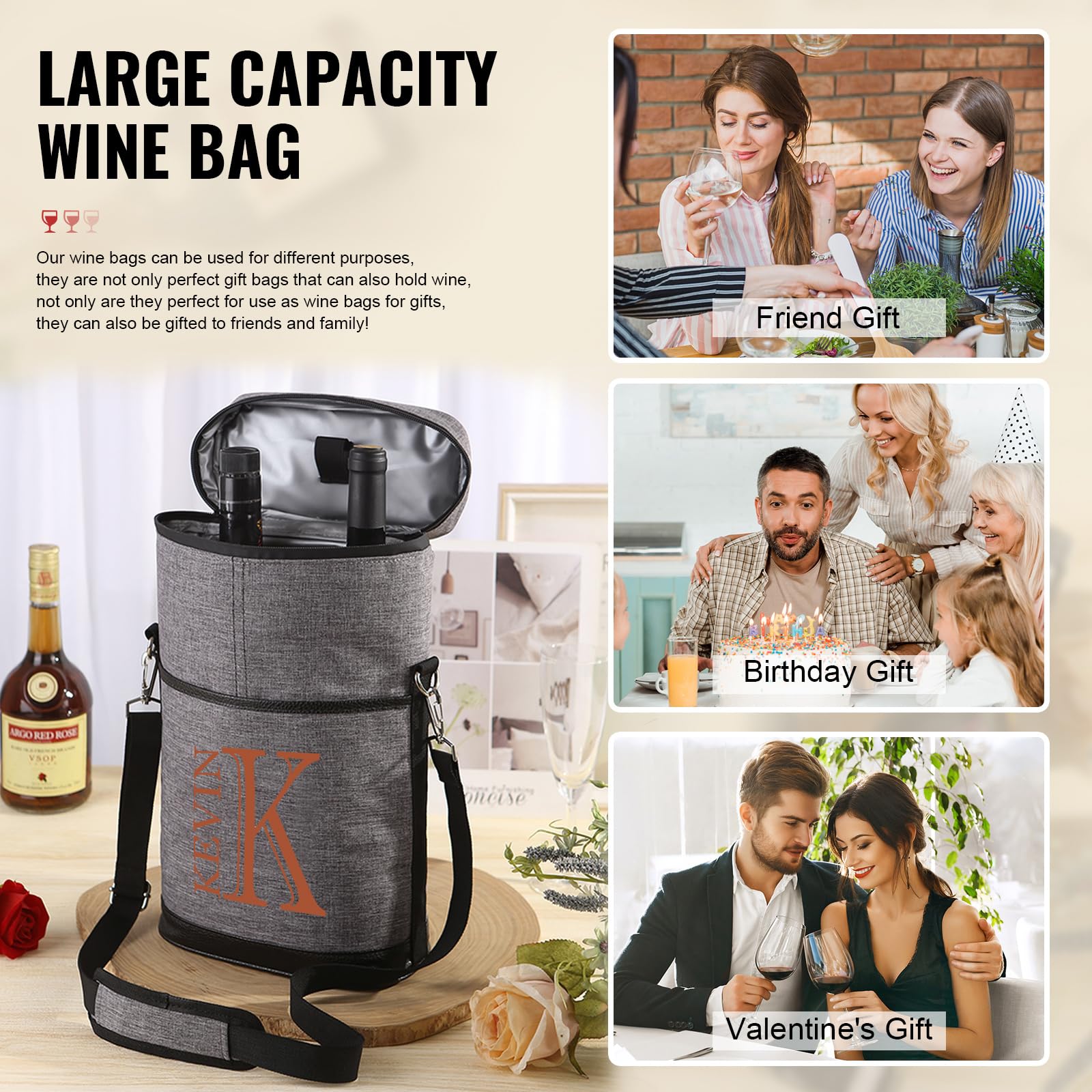 Personalized Insulated Wine Cooler Bag: Custom Name Leakproof & Insulated Padded Versatile Wine Cooler Tote Bag - Gift for Wedding House Warming - for Travel, Dinner, Party, Wine Accessories for Wine