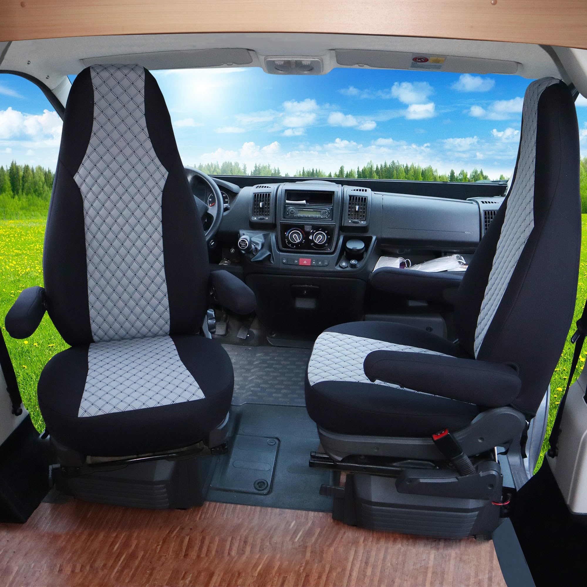 BREMER SITZBEZÜGE Maß Piloten Schonbezüge Sitzbezüge kompatibel mit Wohnmobil Camper Hymer Ducato Wohnmobil Zubehör | 2er Schonbezug Set inkl. Armlehnen-Bezüge in Schwarz/Grau | WMS701