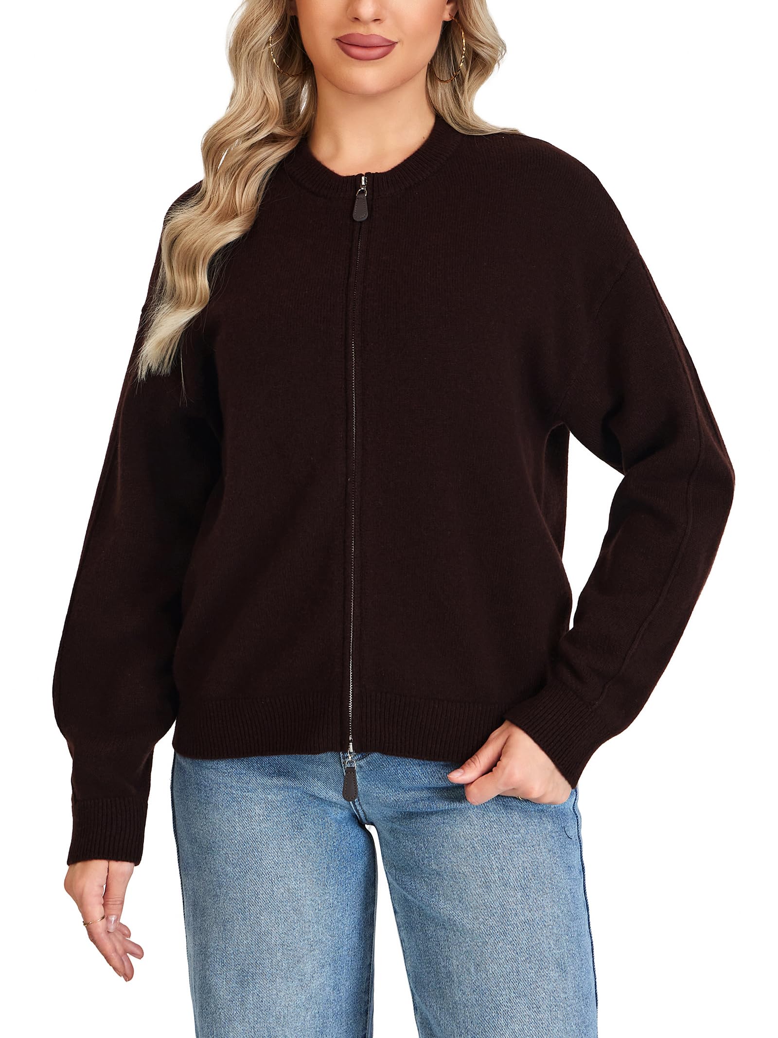 VETLURY Damen Strickjacke 100% Merinowolle mit Doppelreißverschluss - Rundhals Cardigan Elegant für Übergangszeit