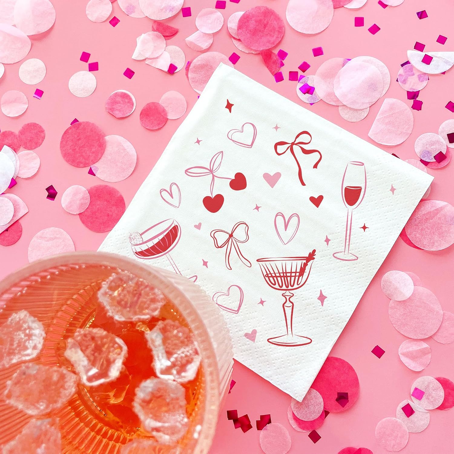 Big Dot of Happiness Drinks with the Girls Napkins, Galentine's Day or Red & Pink Bows, Hearts, Cherries Birthday & Bachelorette Party Decor, White 3-Ply Paper Beverage Cocktail Napkins - 24 Count image 2