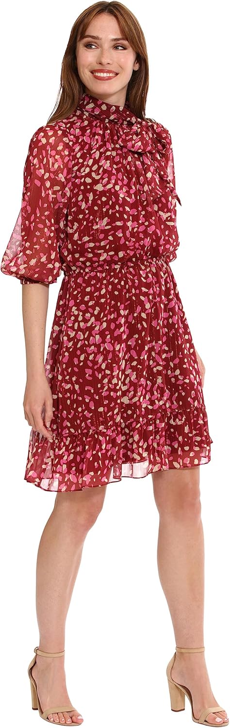 London Times Womens Bow Neck Smocked Waist Flounce Hem Versatile Feminine Dress - Image 3