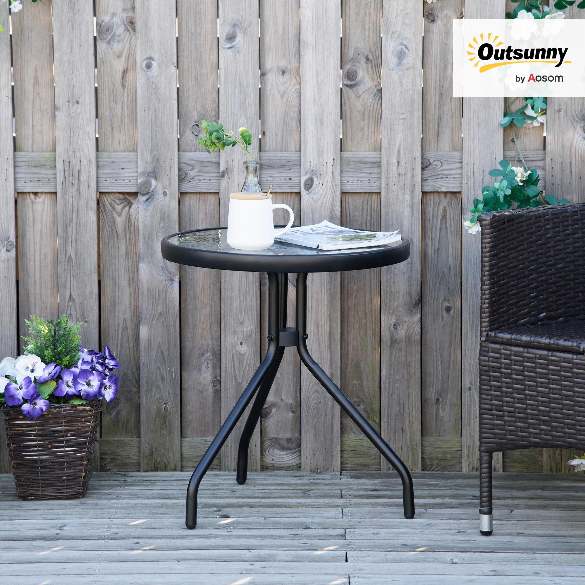 Outsunny Table Bistro de Jardin Table Basse Ronde avec Plateau Verre trempé métal époxy Ø 50 x 55H cm Noir