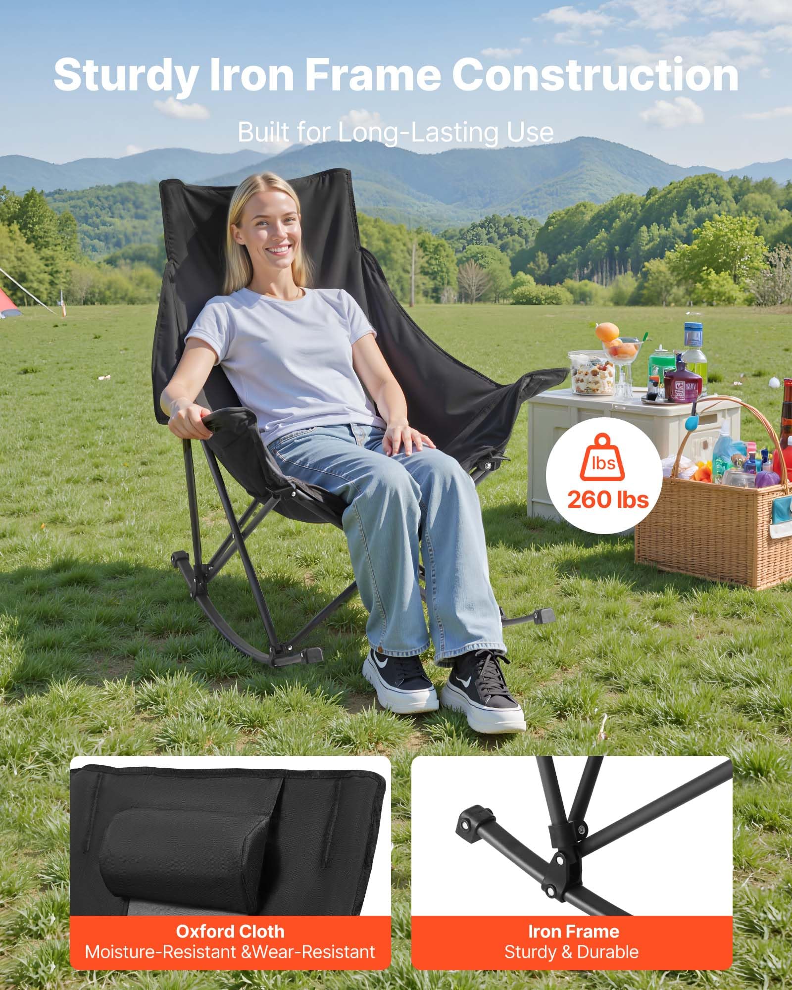 VEVOR Chaise à Bascule Pliante de Camping avec Poches, Sac de Transport, Capacité Charge 102 kg, Chaise Rembourrée Portable pour Terrasse, Jardin, Arrière-Cour, Détente en Plein Air