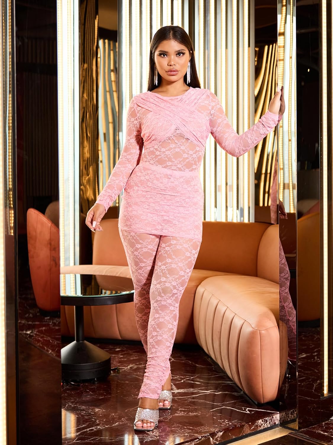 Ophestin Sexy Two Piece Outfits for Women Floral Lace Sheer Mesh Long Sleeve Top Bodycon Pants Set Club Outfits Matching Sets - Image 3