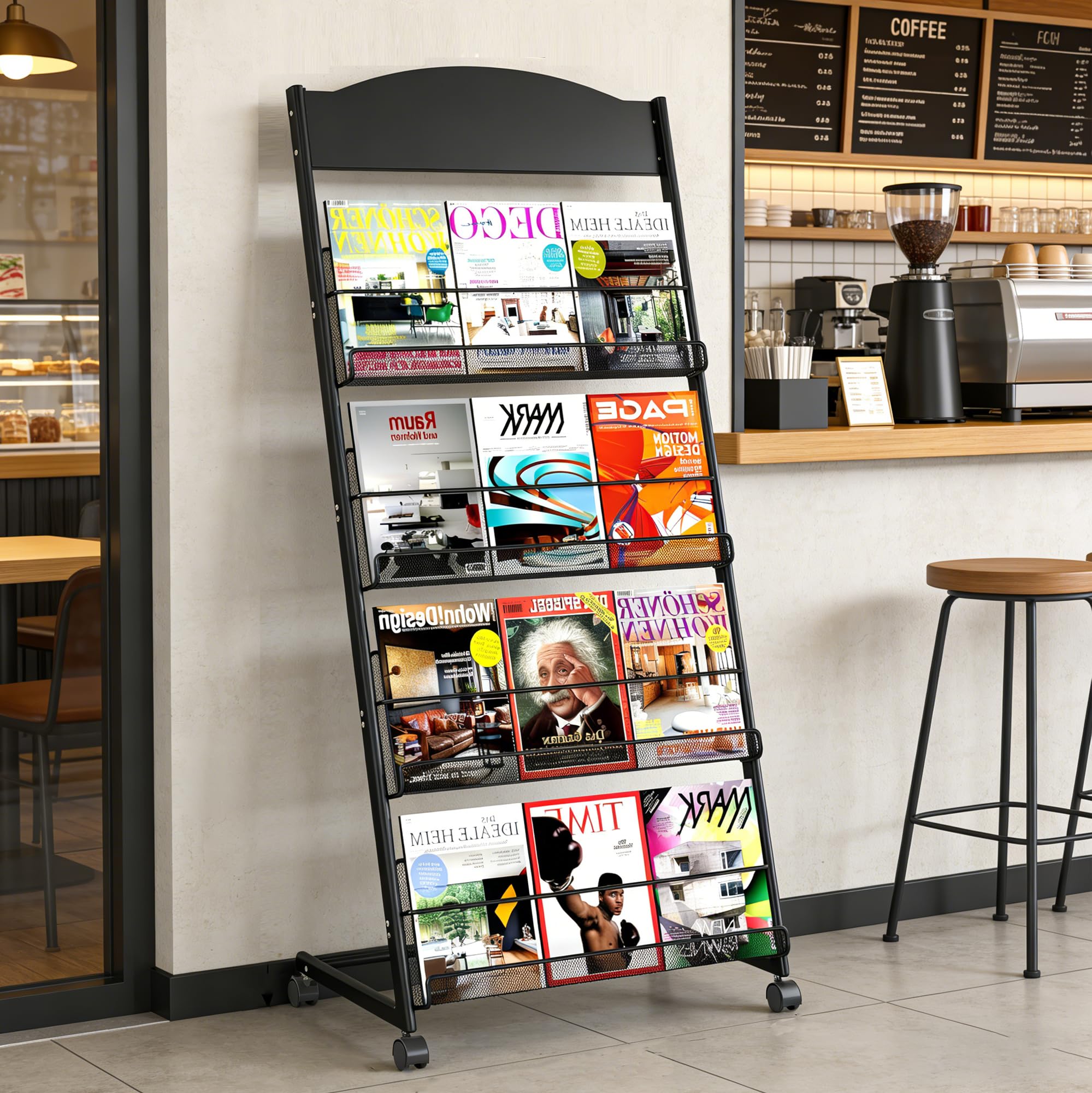bimiti Prospektständer a4 mit Universalrädern, Zeitschriftenständer 4 Schichten,Schrägsteller Rollbarer Zeitschriftenhalter für Büro, Messen, Messen