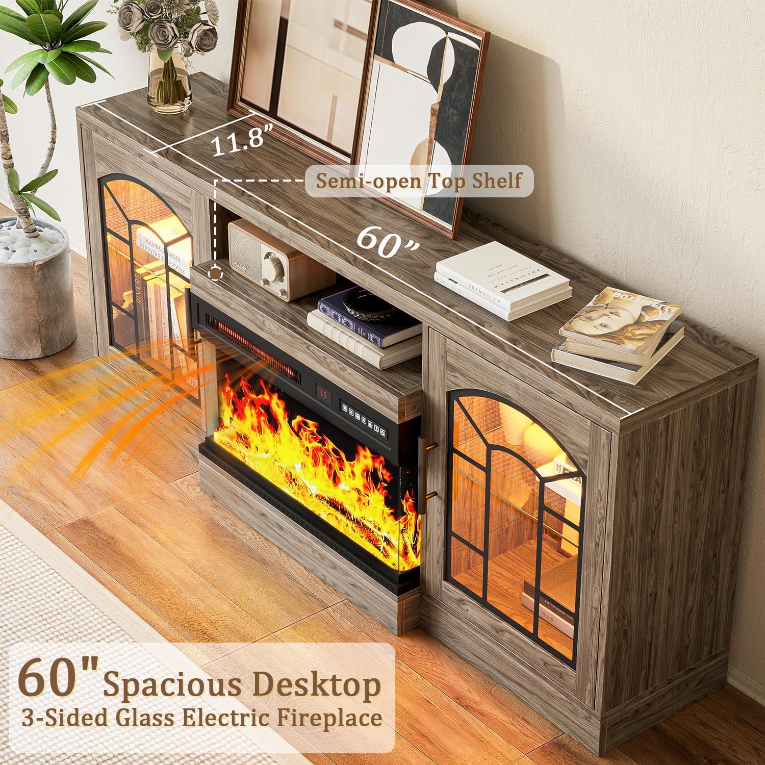 Fireplace with TV Stand 3 Sided Glass Electric Fireplace Up to 70" TVs, 60" Modern Entertainment Center with Adjustable Flame and LED Lights, Wood TV Console with Storage for Living Room, Gray