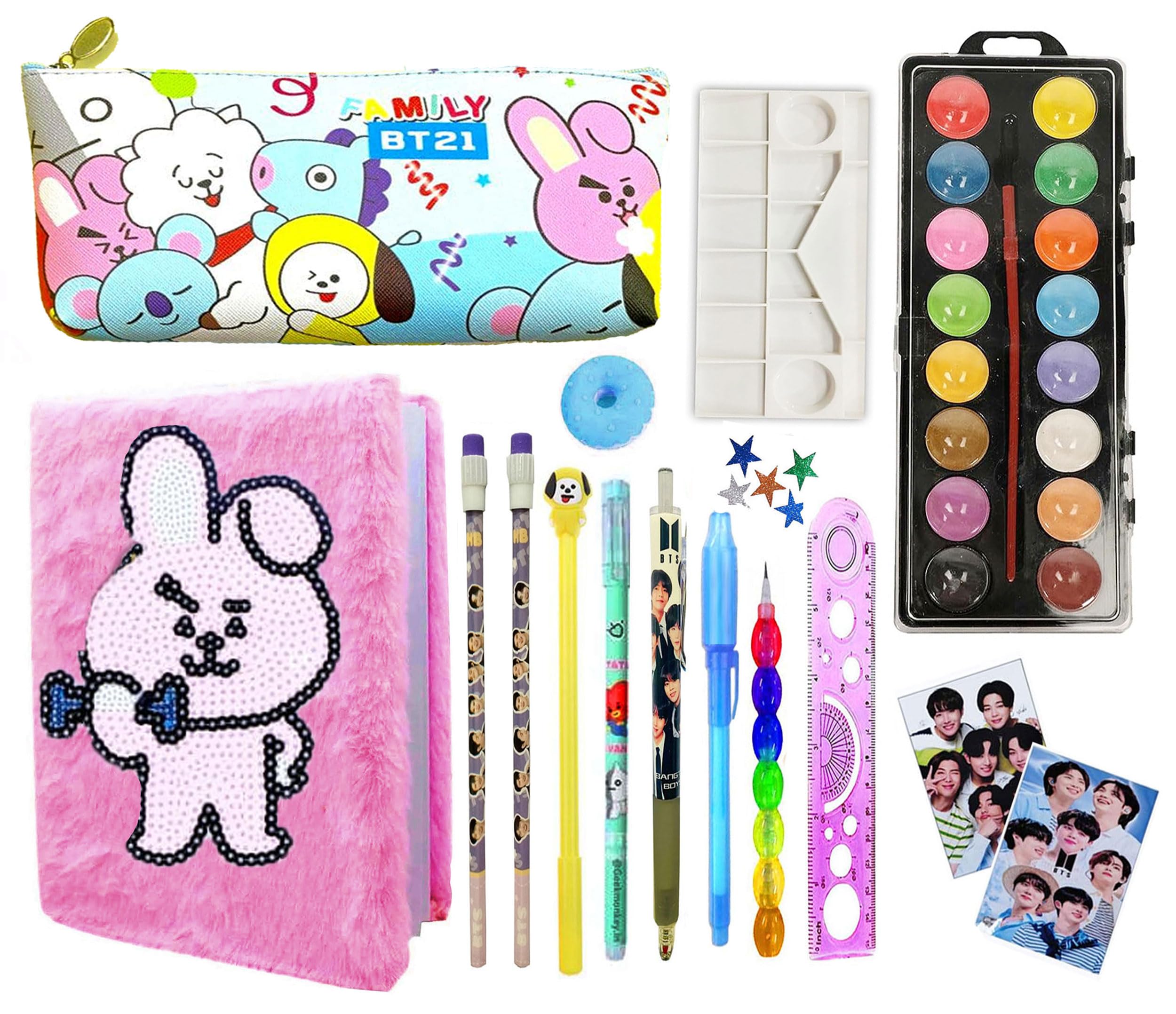 15pcs BTS Stationery Gift Set for Kids, BTS BT-21 School Stationery Diary Pen Pencil Pouch for Kids BTS Stationery Set, Birthday Gift Party Favor Return Gift Set for Kids (Style 5)