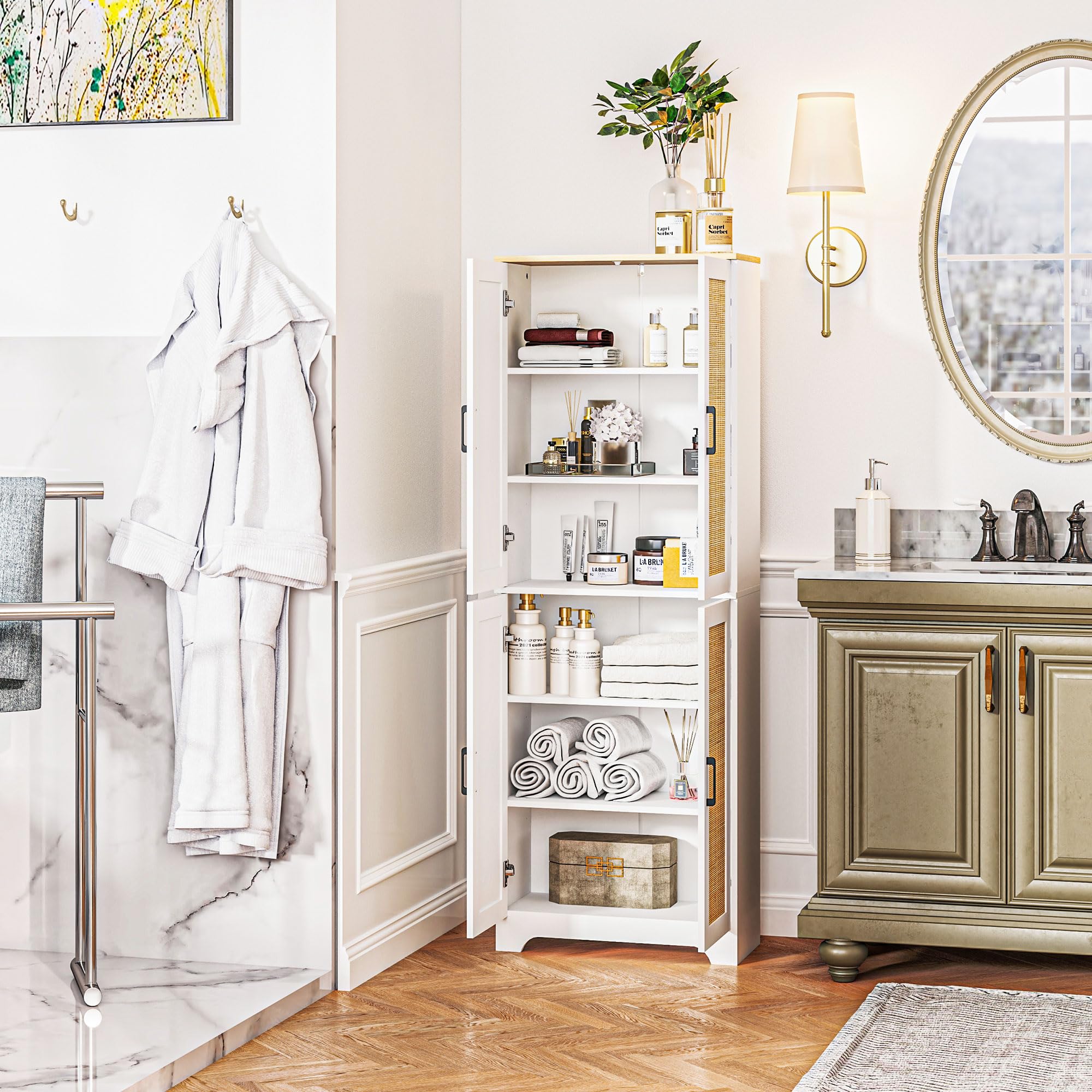 HOMCOM Alacena de Cocina con Estantes Ajustables 60x30x170 cm Blanco | Aparador de Cocina, Puertas de Ratán, Sistema Antivuelco
