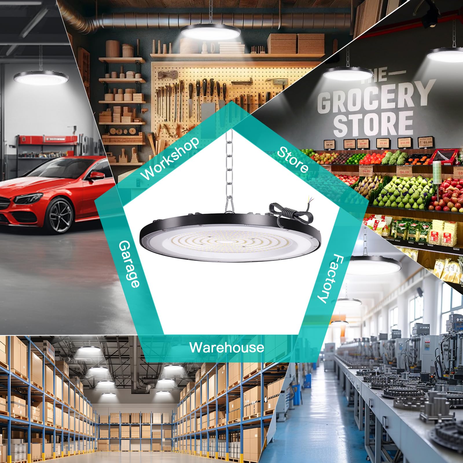 300 W UFO reflektor LED przemysłowy, oświetlenie warsztatowe o wysokiej zatoce 30000 lm lampa przemysłowa LED żyrandol wewnętrzny, lampa projektorowa do magazynu, garażu, fabryki, warsztatu
