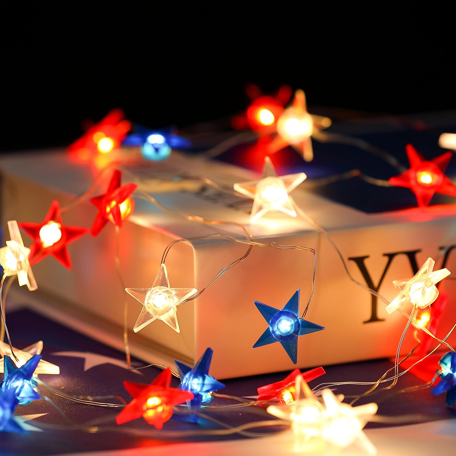4th of July Decorations, 10ft 30 LED Red White and Blue Star String Lights Battery Operated, Patriotic Decorations for Memorial Independence Day Party Golfcart Fourth of July (White Light)