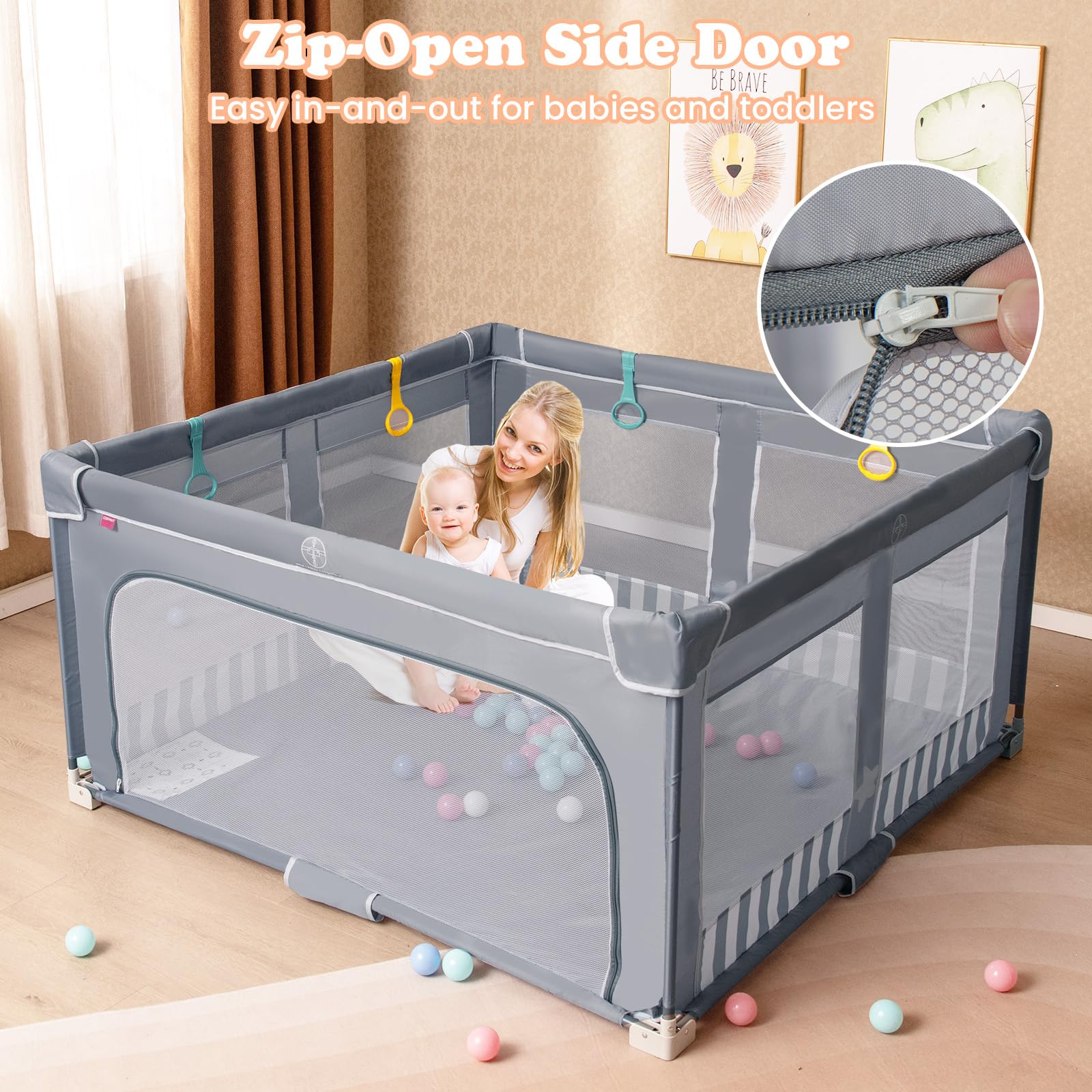 LIFEZEAL Parc Bébé Pliable avec 4 Anneaux, 50 Boules, Porte à Fermeture éclair, Sac de Rangement, Aire de Jeu Bebe en Tissu Oxford, Centre d'activité Enfant 0-3 ans (Gris, 150 x 150 x 76,5 cm)
