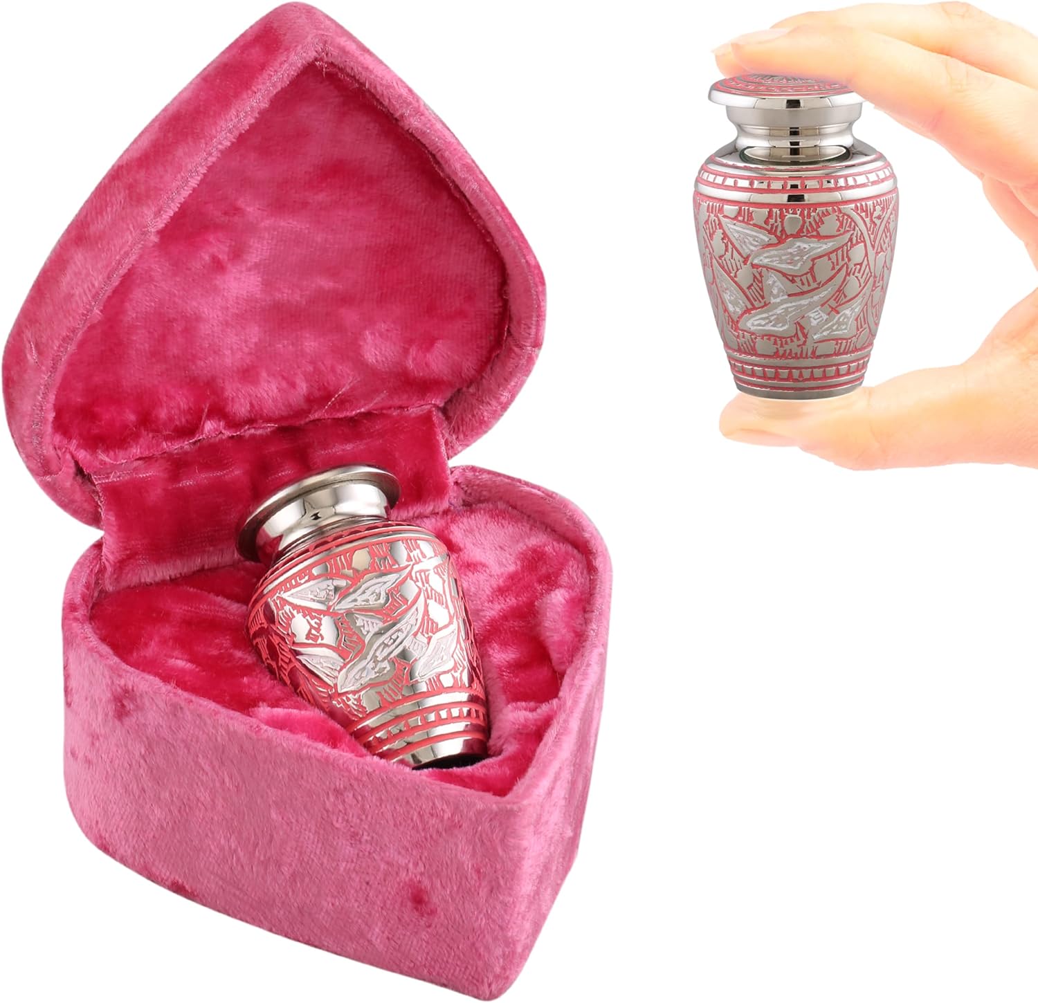 Elegant Keepsake Cremation Urn for Human Ashes – Engraved Silver Metal Mini Urn with Luxury Heart Shaped Velvet Box, Bag & Funnel – Sharing Memorial Urn for Pets & Loved Ones (Purple Birds)