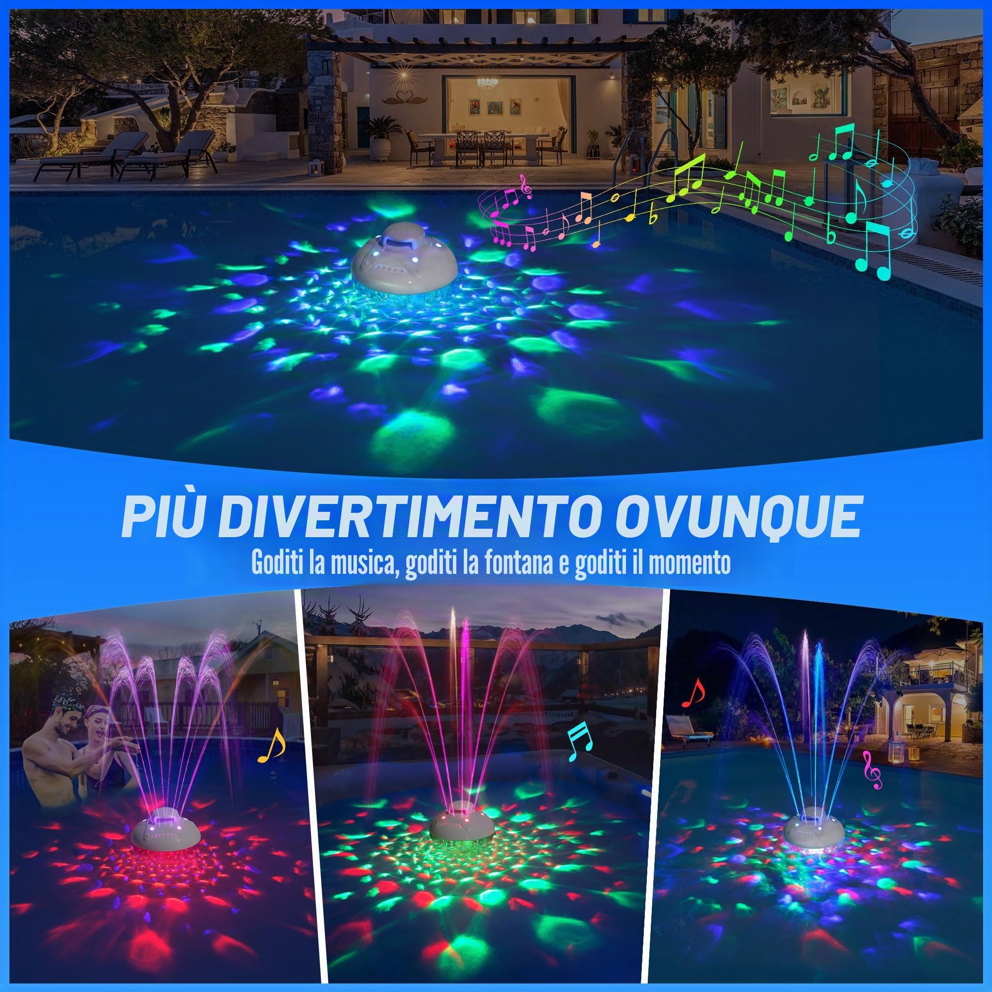 KingSom 3 in 1 Altoparlante per Piscina con Fontana Piscina Luminosa, 10000mAh Altoparlante Bluetooth Potente, Cassa Bluetooth Impermeabile IP68, BT5.4,Suono Stereo,24 ore Fontana Piscina Ricaricabile