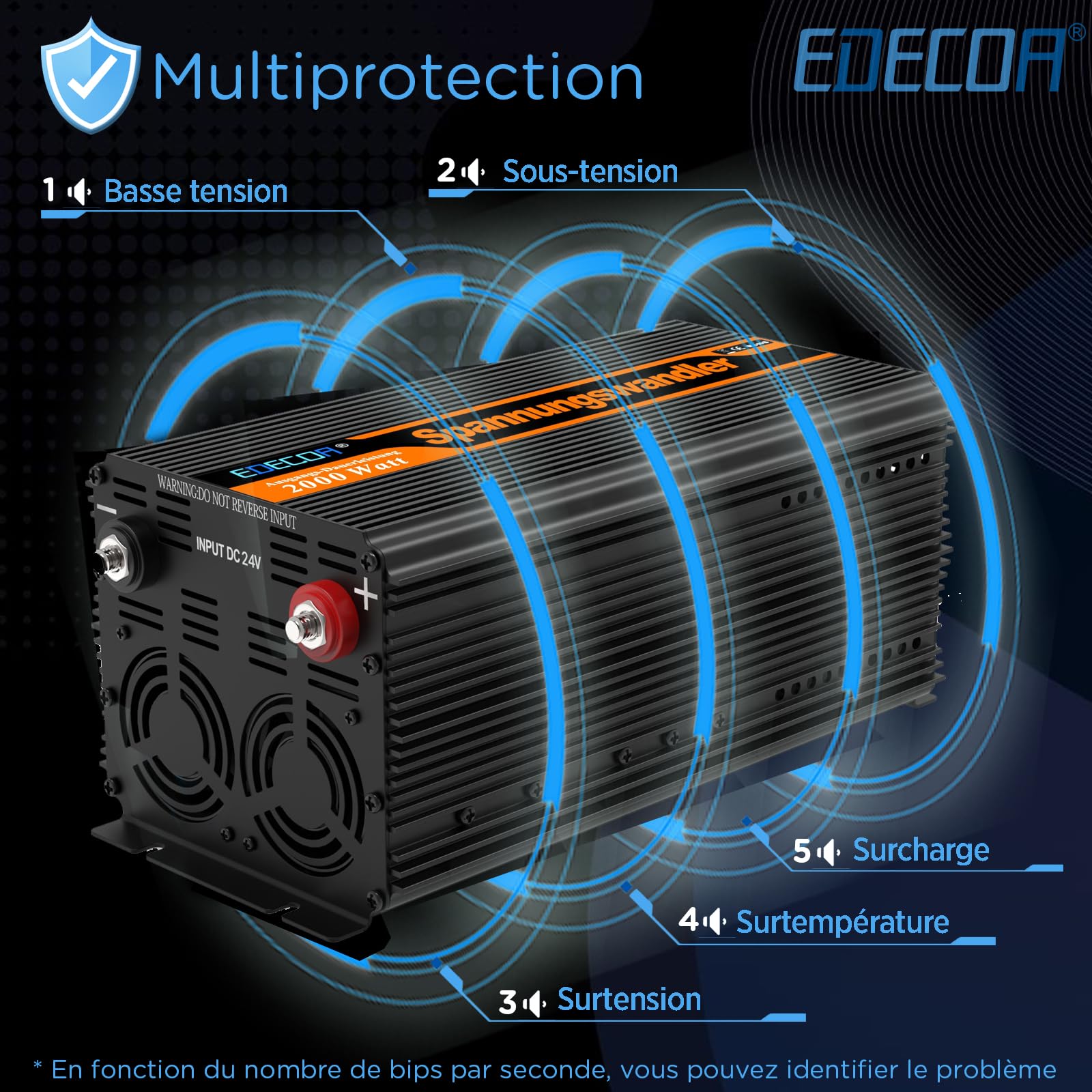 EDECOA Inverter 2000w convertisseur de tension 24v 230v onduleur sinusoïdal modifié 24v 220v LCD avec télécommande et deux ports USB
