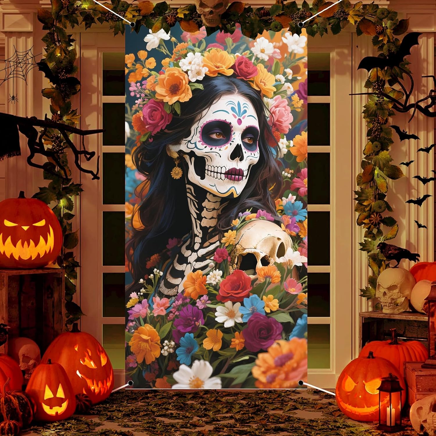 Day of The Dead Door Cover,Dia De Los Muertos Porch Sign Banner Gothic Halloween Sugar Skull Rose Flowers Backdrop Mexican Fiesta Party Decorations and Supplies for Home House Outdoor Decor Flowers Multicolored