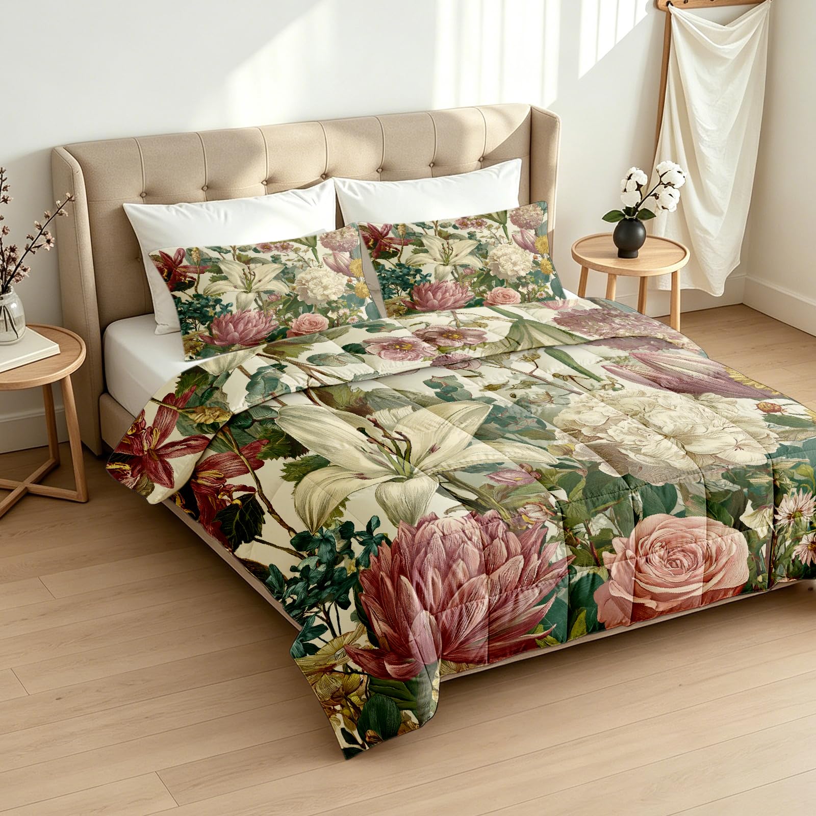Bettdecke Ohne Bezug Vintage Blumen 3D Ganzjahresdecke 135x200 Tulpen Rose Wende Sommerdecke Waschbar Steppdecke Warme und Weiche Bettdecken mit 2 Kissenbezüge 80x80 cm Q-36