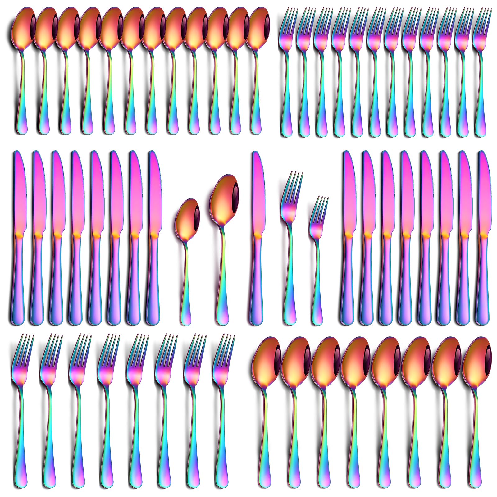 PHILIPALA 60 Piece Rainbow Silverware Set, Stainless Steel Flatware Set for 12 Colorful Novelty Flatware Cutlery Utensil Set Include Knife Fork Spoon Food Grade Mirror Polished Dishwasher Safe