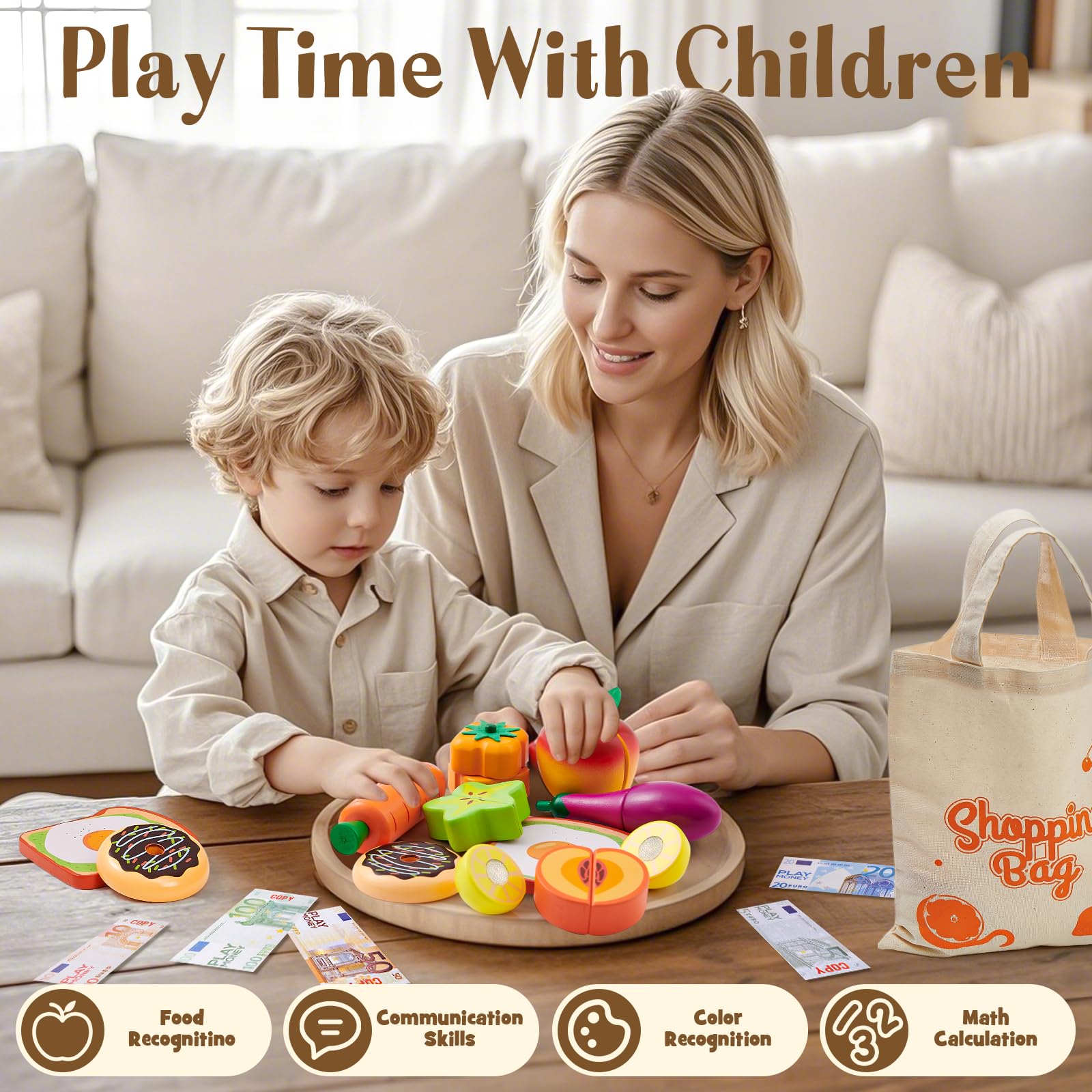 Atoylink Kinderküche Zubehör Holz Spielküche Zubehör mit Kaufmannsladen Zubehör Küchenzubehör Kinder Holz Lebensmittel Rollenspiel Holzspielzeug Kaufladen Kinder Geschenk für Mädchen Junge 3 Jahre