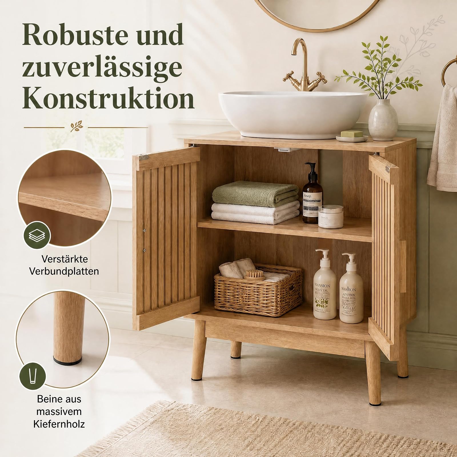 COSTWAY Waschbeckenunterschrank, Badezimmerschrank mit 2 Lamellentüren