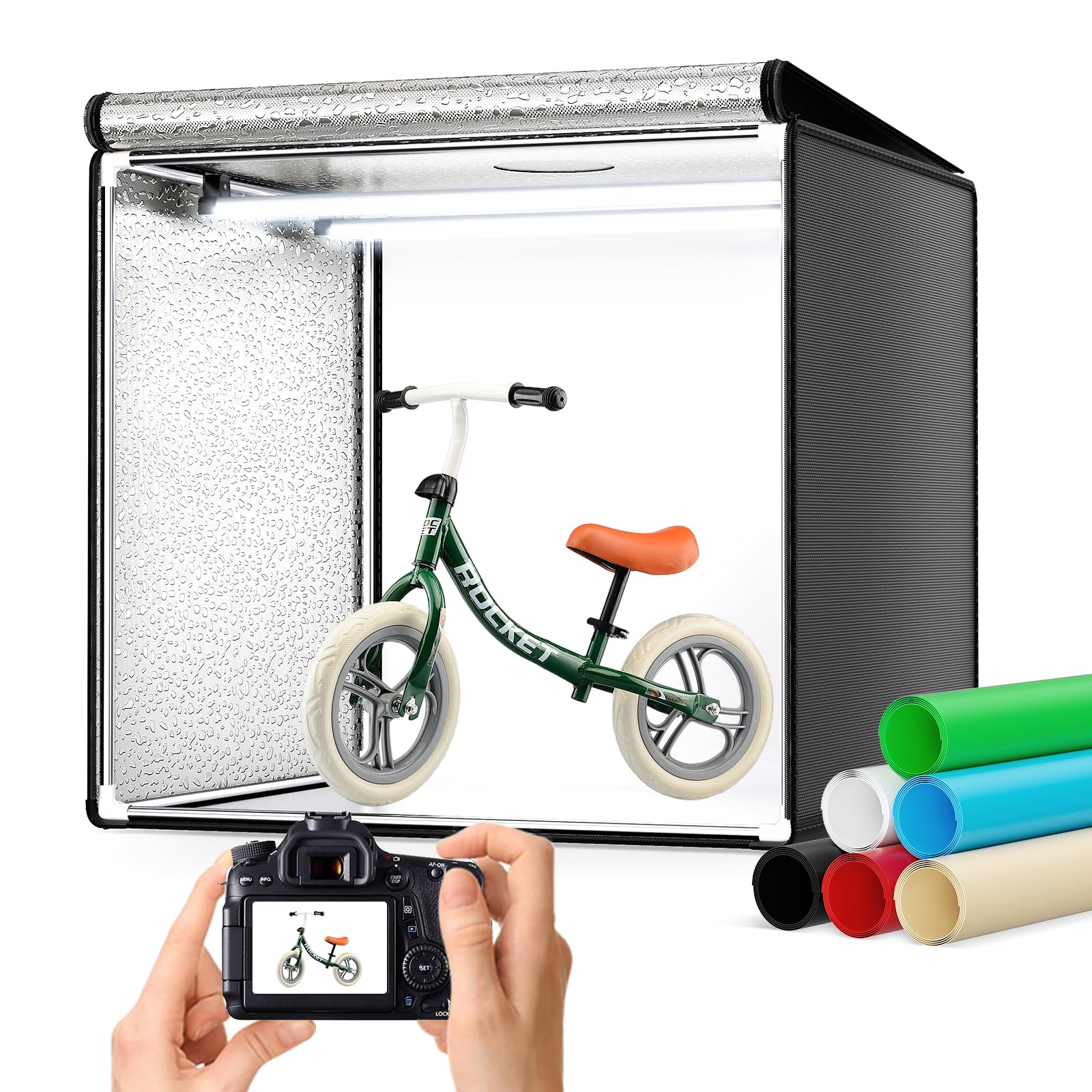 Boîte à Lumière 50x50x50CM, Caisson Lumineux de Photographie de Support, Boîtes de Lumière Kit à Luminosité Réglable de 0 à 100% Boite Photo, Équipée de 126 Perles LED Rotatives à 360°