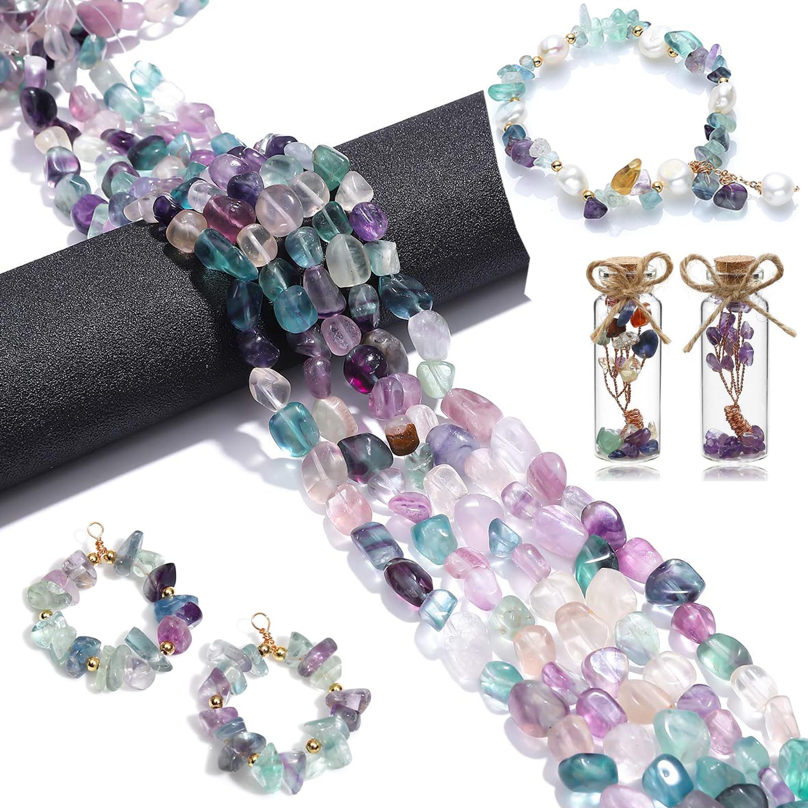 Guidre Fluorite 400 Pieces Gemstone Beads for Wood Crystals Beads Crystal Stones Beads 5-8mm Irregular Crystal Beads Jewelry Making Sets for Necklace Bracelet Earrings
